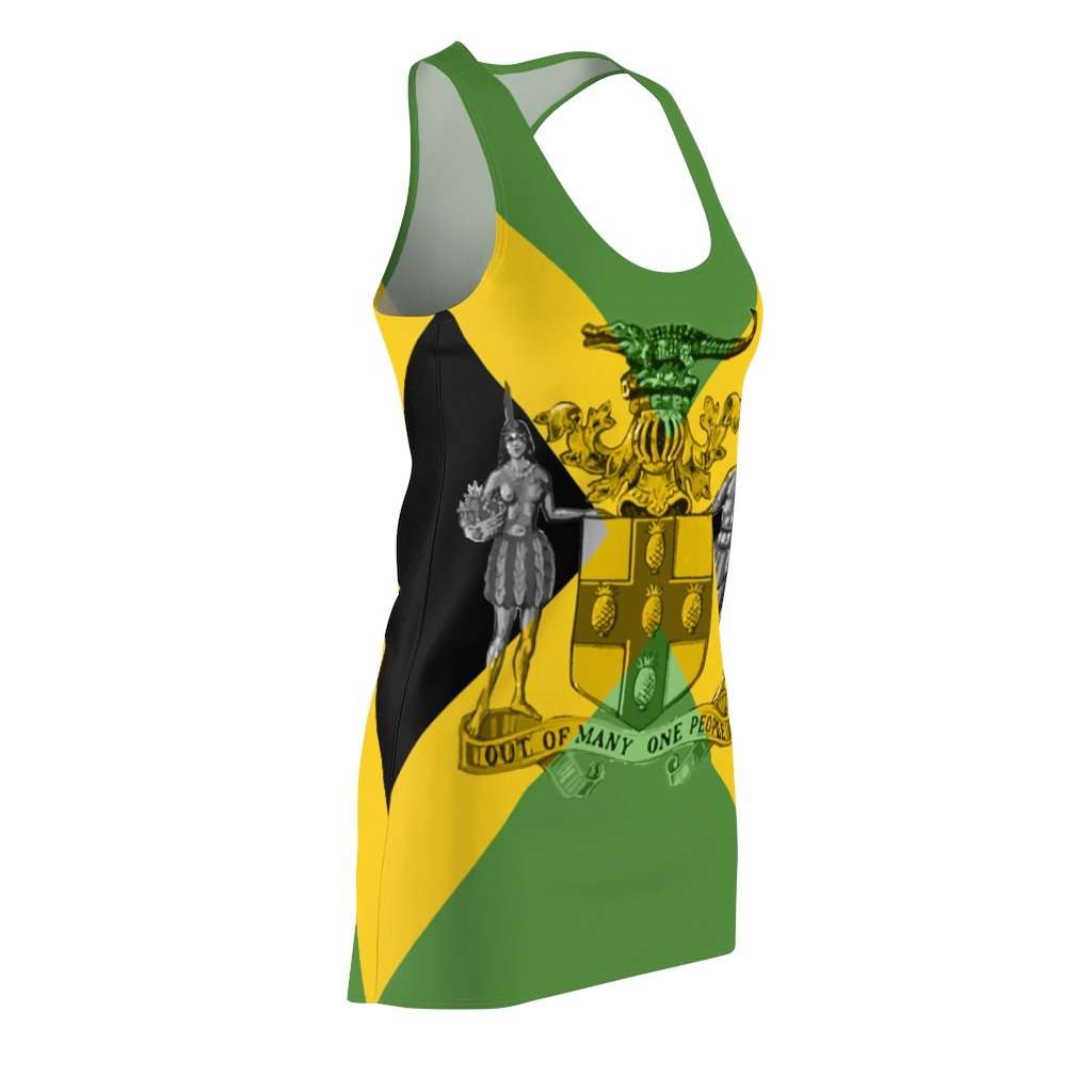 Jamaican Coat of Arms Racerback Dress Out of Many One People Design in Jamaican colors. Rastaseed clothing merchandise and Rasta wear.