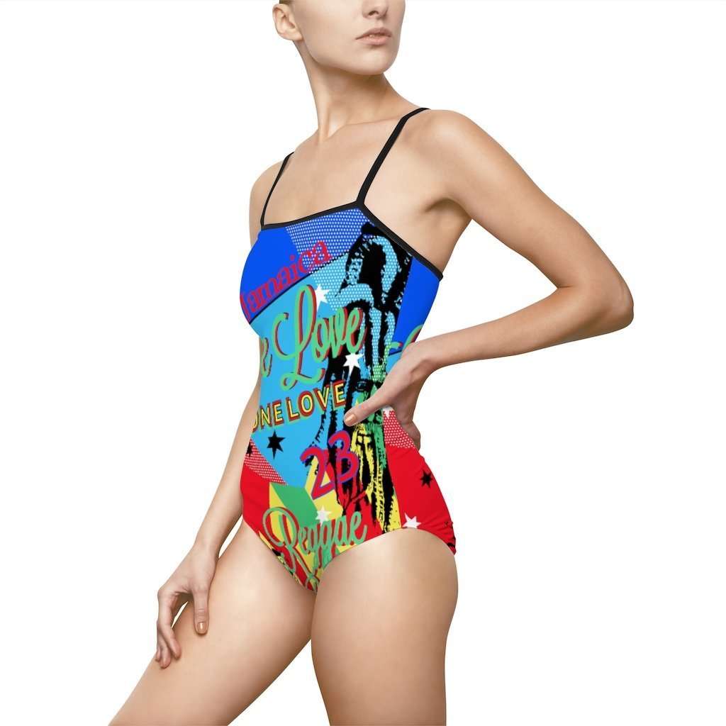 One Love Reggae Party Swimsuit with keyhole back. in beautiful blue colors. Fun design original from Rastagearshop.com.