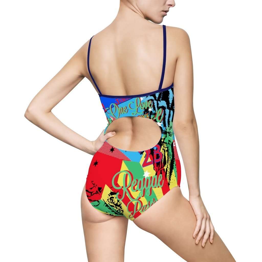 One Love Reggae Party Swimsuit with keyhole back. in beautiful blue colors. Fun design original from Rastagearshop.com.