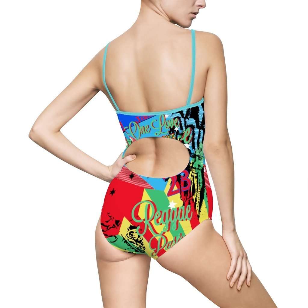 One Love Reggae Party Swimsuit with keyhole back. in beautiful blue colors. Fun design original from Rastagearshop.com.