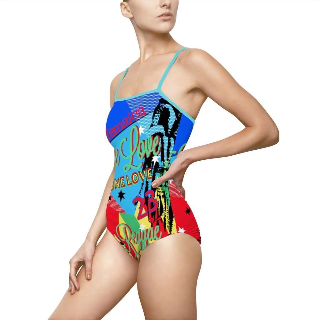 One Love Reggae Party Swimsuit with keyhole back. in beautiful blue colors. Fun design original from Rastagearshop.com.