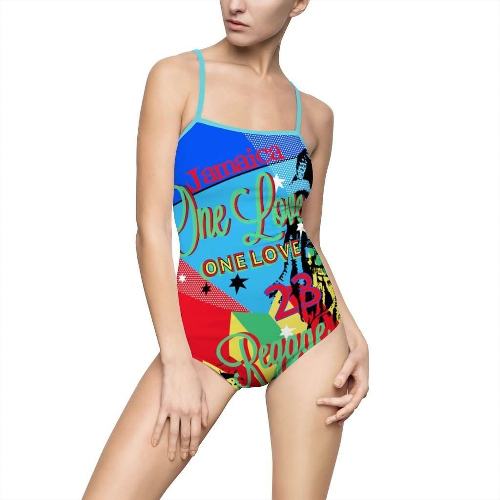 One Love Reggae Party Swimsuit with keyhole back. in beautiful blue colors. Fun design original from Rastagearshop.com.