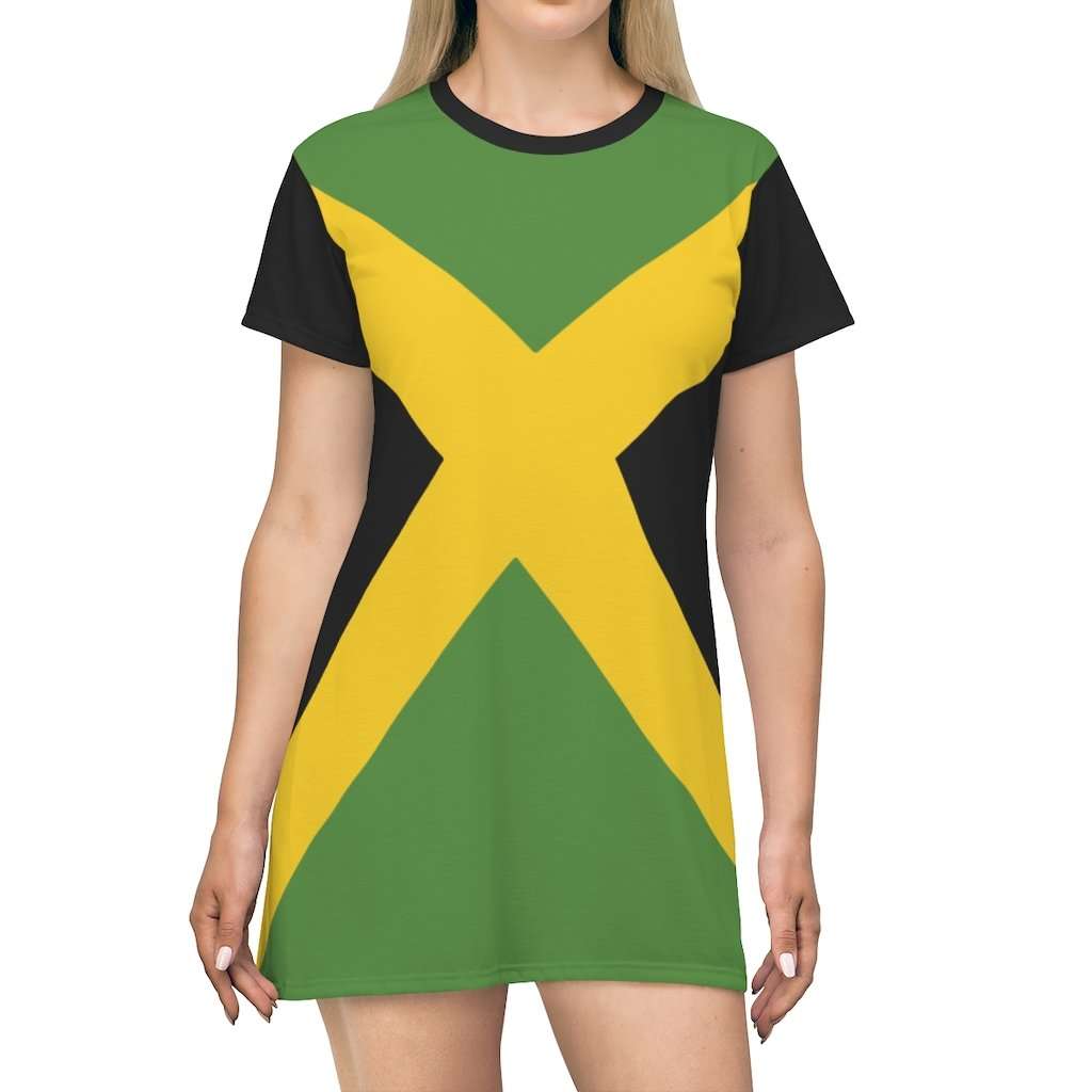 Jamaican Flag T-Shirt Dress in the Jamaican colors. Comfortable fit and vivid all over print design from Rastaseed.com