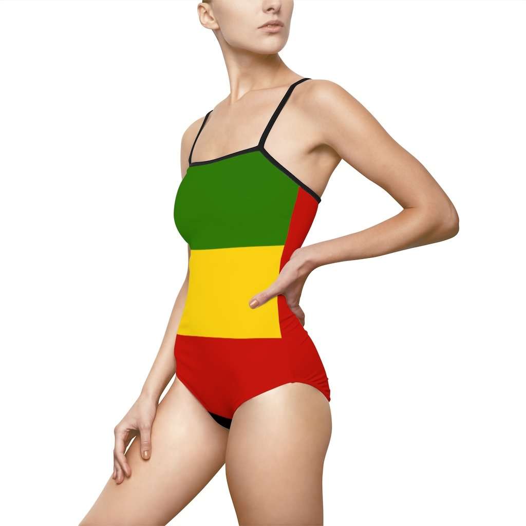Pan African Flag Womens One piece swimsuit left side view. Rastaseed merchandise and blog