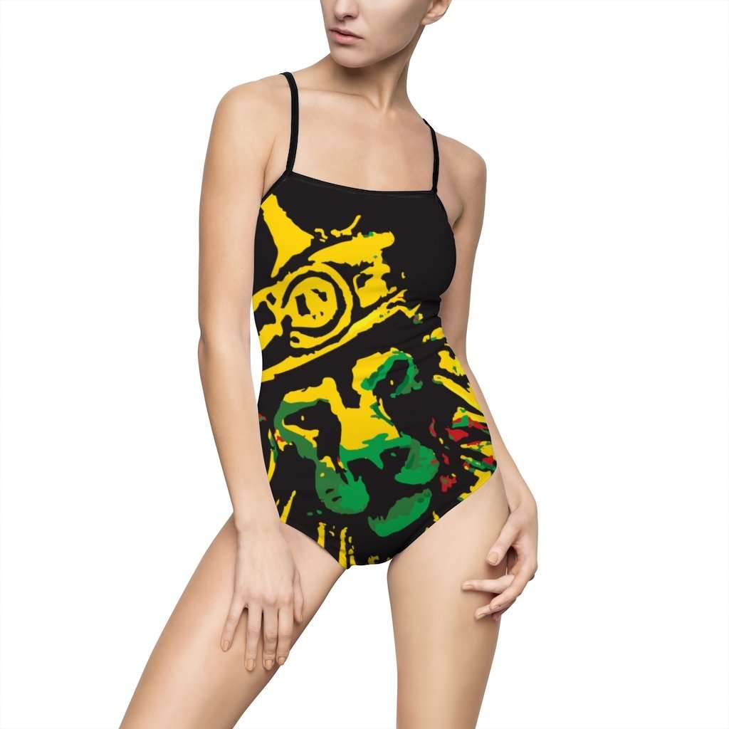Jamaica Lion Womens One-piece Swimsuit front view. Jamaican colors and original graphic on black with black trim. Cute keyhole back, sexy and comfortable.