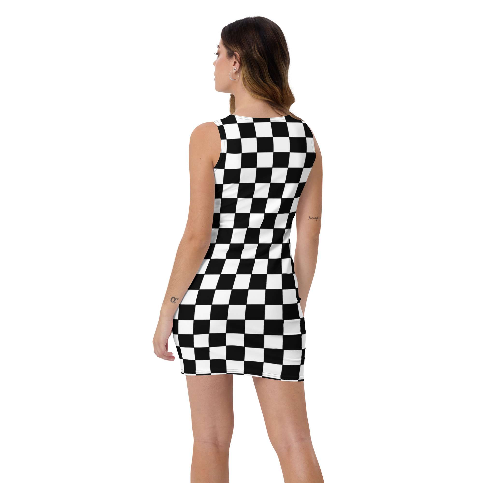 Reggae Ska Bodycon Dress back view in black and white chequerboard design. Rastaseed Reggae Rastafarian and Jamaican merchandise and clothing.