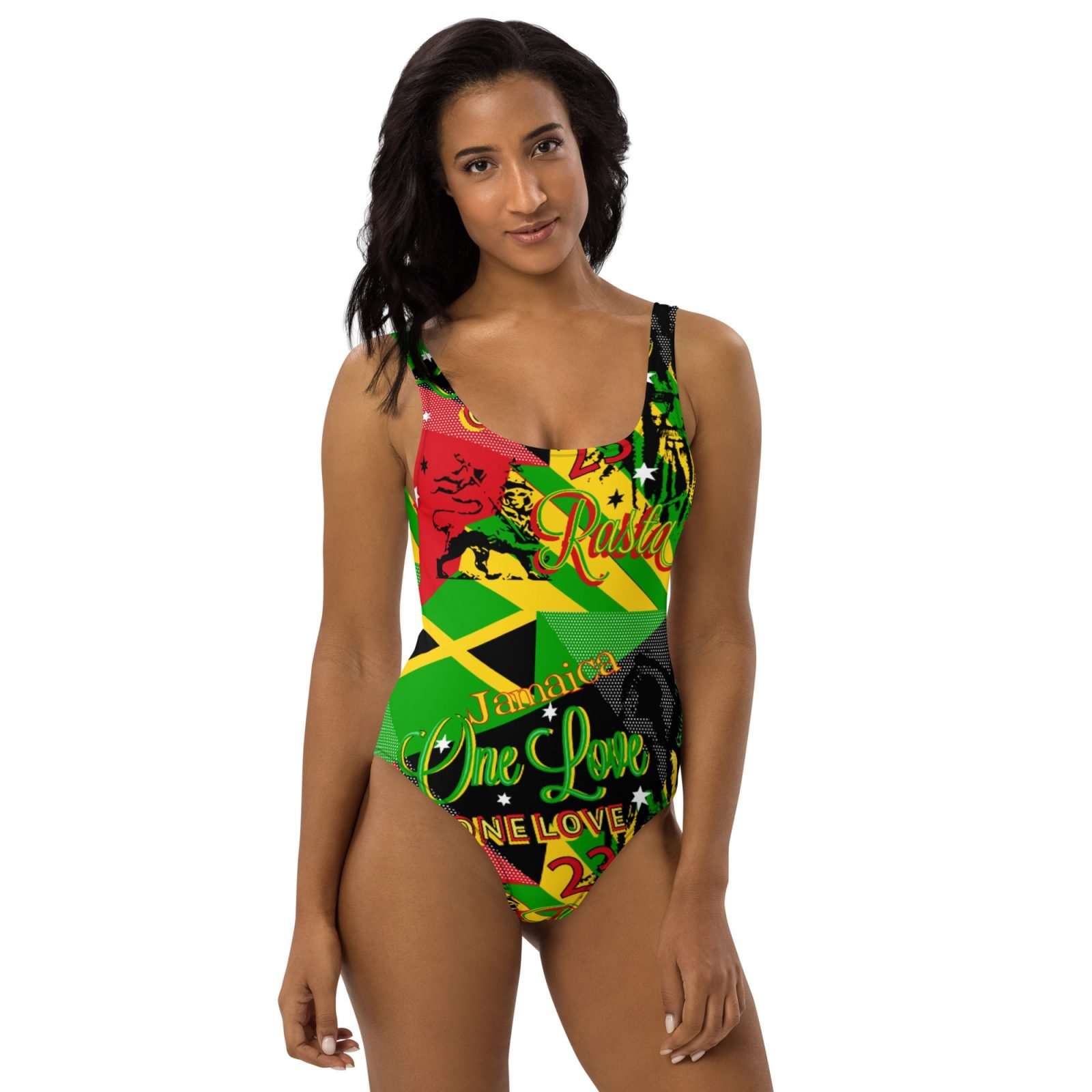 Jamaican Rasta One-Piece Swimsuit in cool funky print design. Original design by Rastaseed.com online Rastafarian clothing shop.