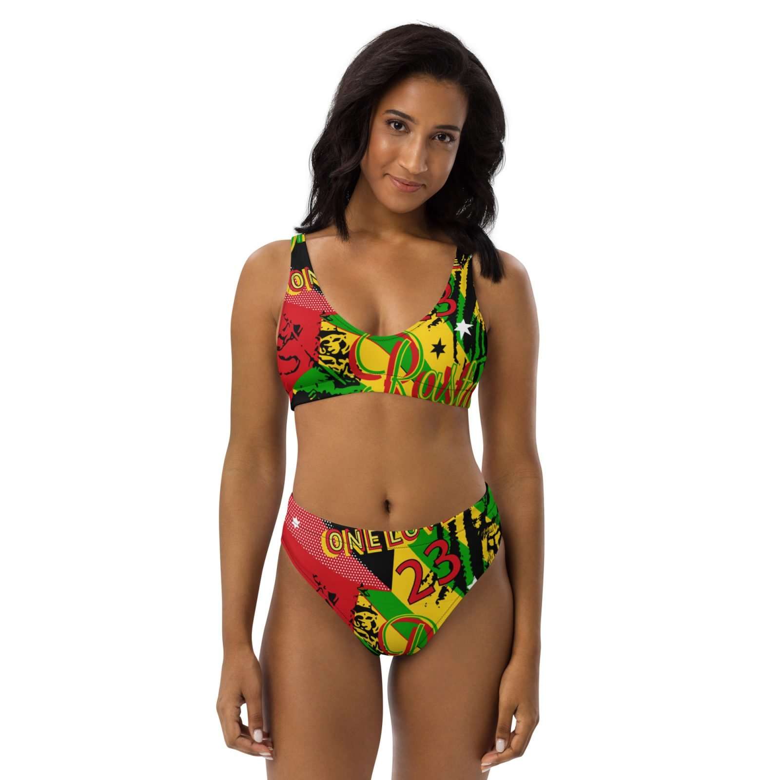 Jamaican Reggae Rasta Party Recycled high-waisted bikini in cool funky red gold and green print. Style designed by Rastseed.com.