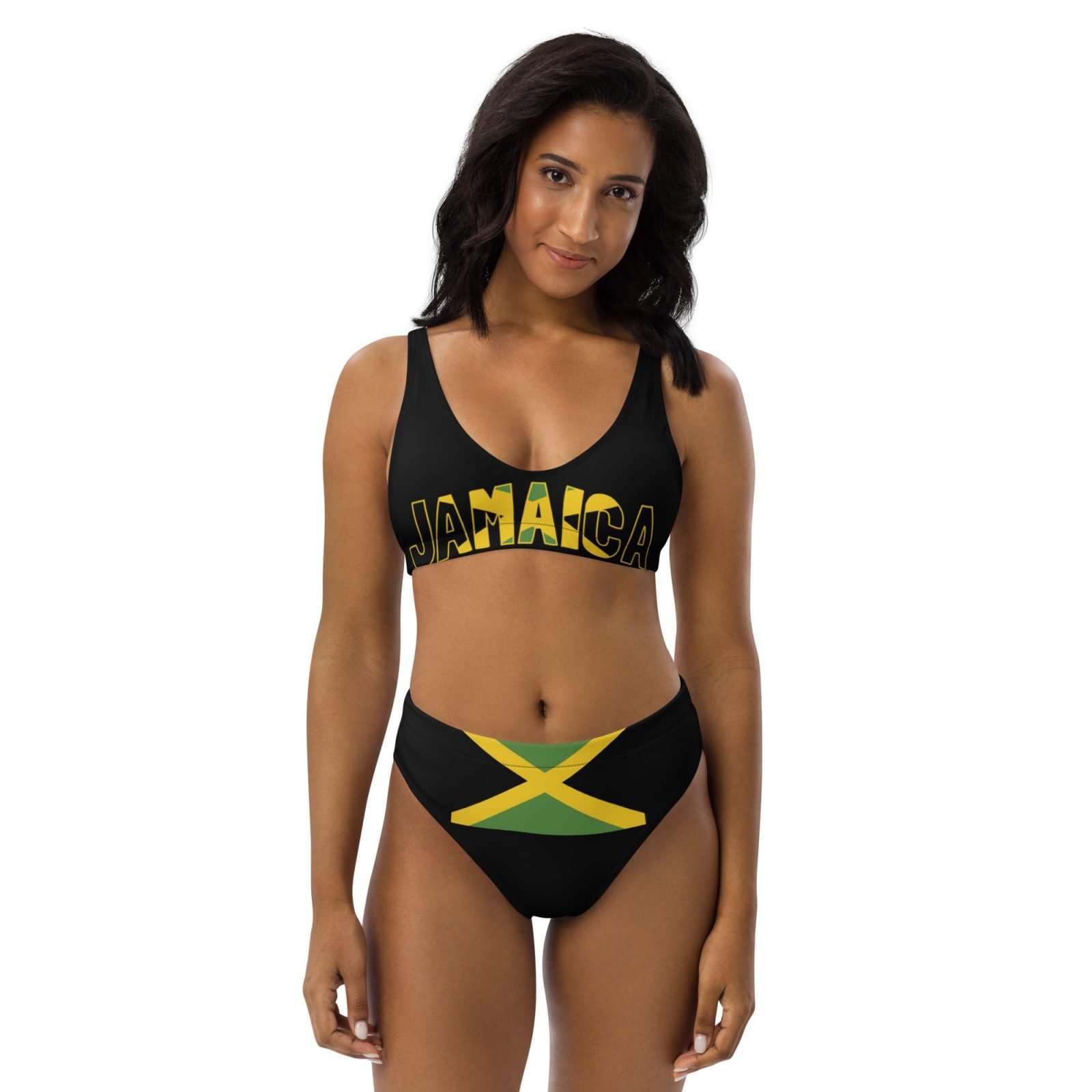 Jamaican Pride Recycled High Waisted Bikini in cute flattering style. Created and designed by Rastaseed online clothing brand.