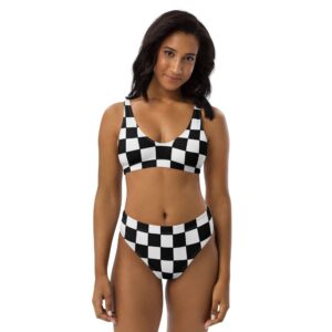 Reggae Ska Recycled high-waisted bikini in black and white chequerboard design. Flattering style created by Rastaseed.com online clothing brand.