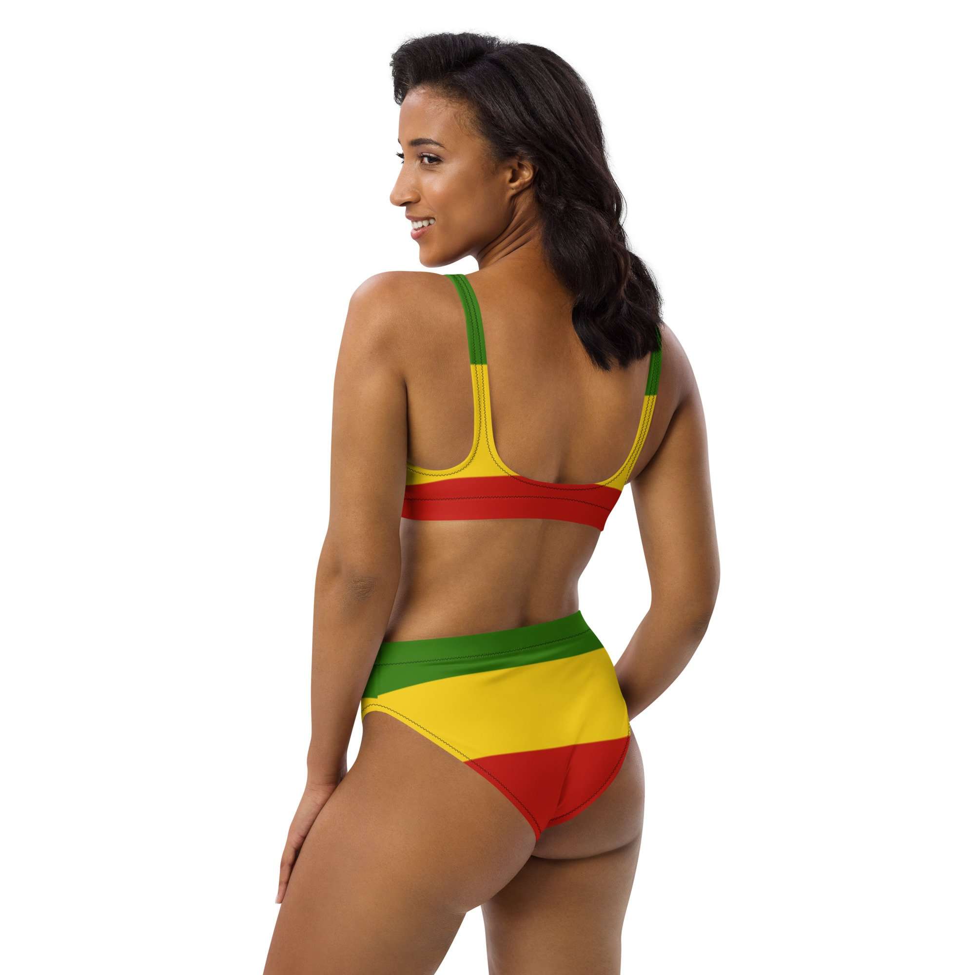 Rasta Recycled high-waisted Bikini back left view. Vibrant red gold and green in stretch fabric with flattering style. Designed by Rastaseed brand.