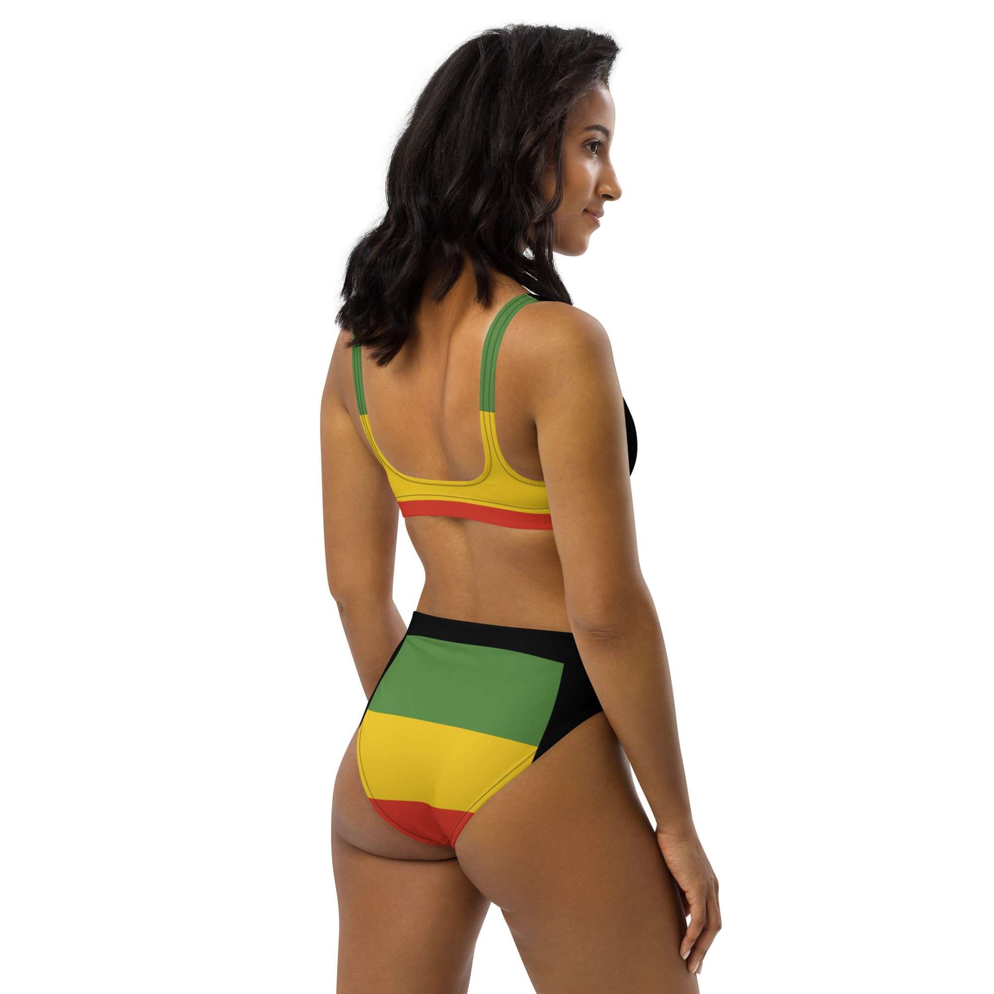 Rasta Red Gold Green Black Recycled high-waisted bikini back right. Flattering design created by Rastaseed.com online merchandise and clothing brand.