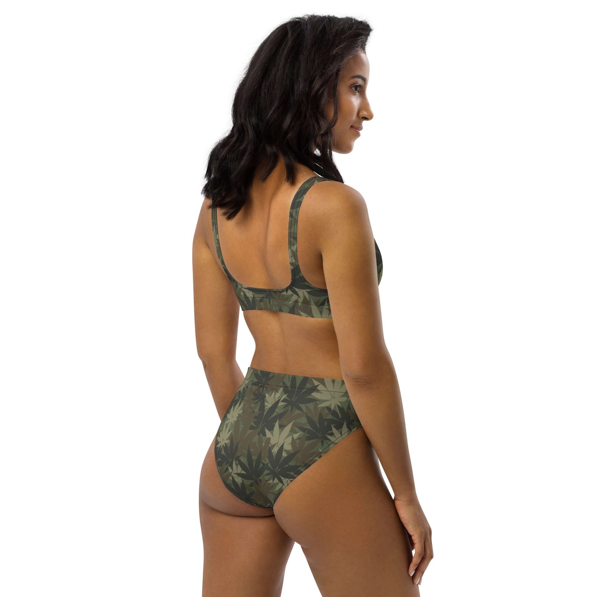 Hemp Camo Recycled Bikini back right view in unique Hemp camouflage print designed and created by Rastaseed online merchandise and clothing brand.