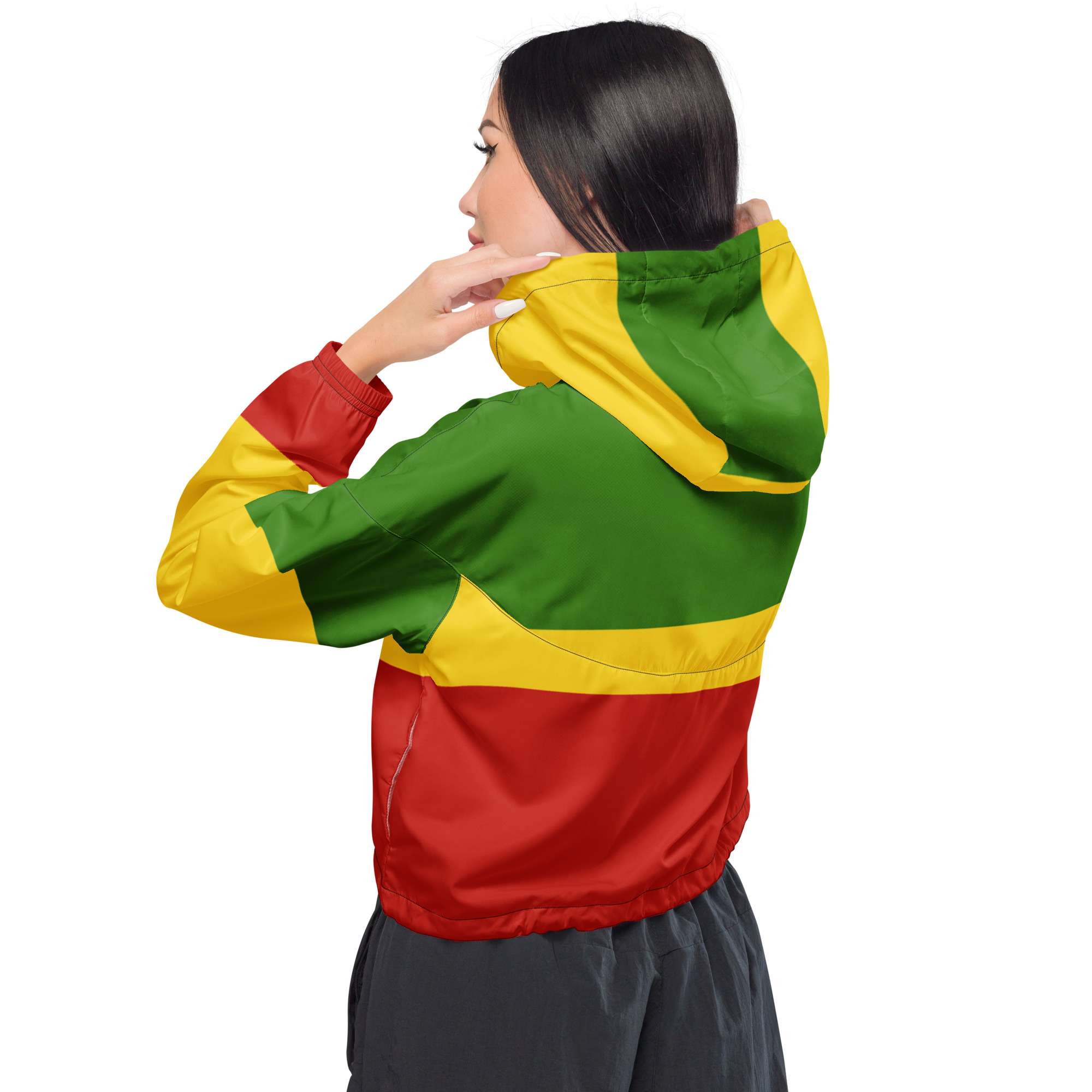 Rasta Women’s cropped windbreaker in red gold and green back view. Funky rain coat that is great for festivals. Rastaseed online merchandise.
