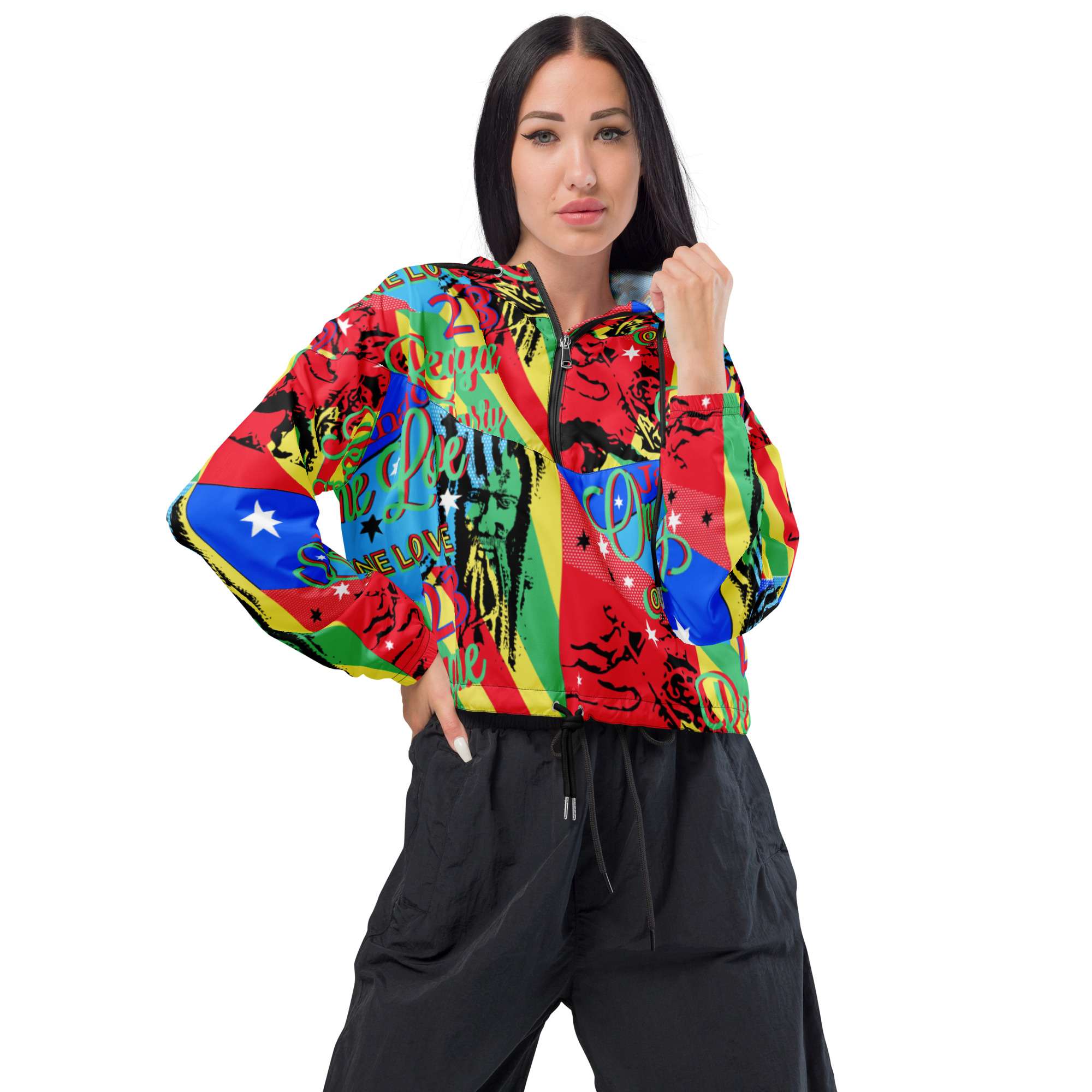 One Love Reggae Women’s cropped windbreaker in a vivid colourful design. Rastaseed original design on merchandise and clothing.