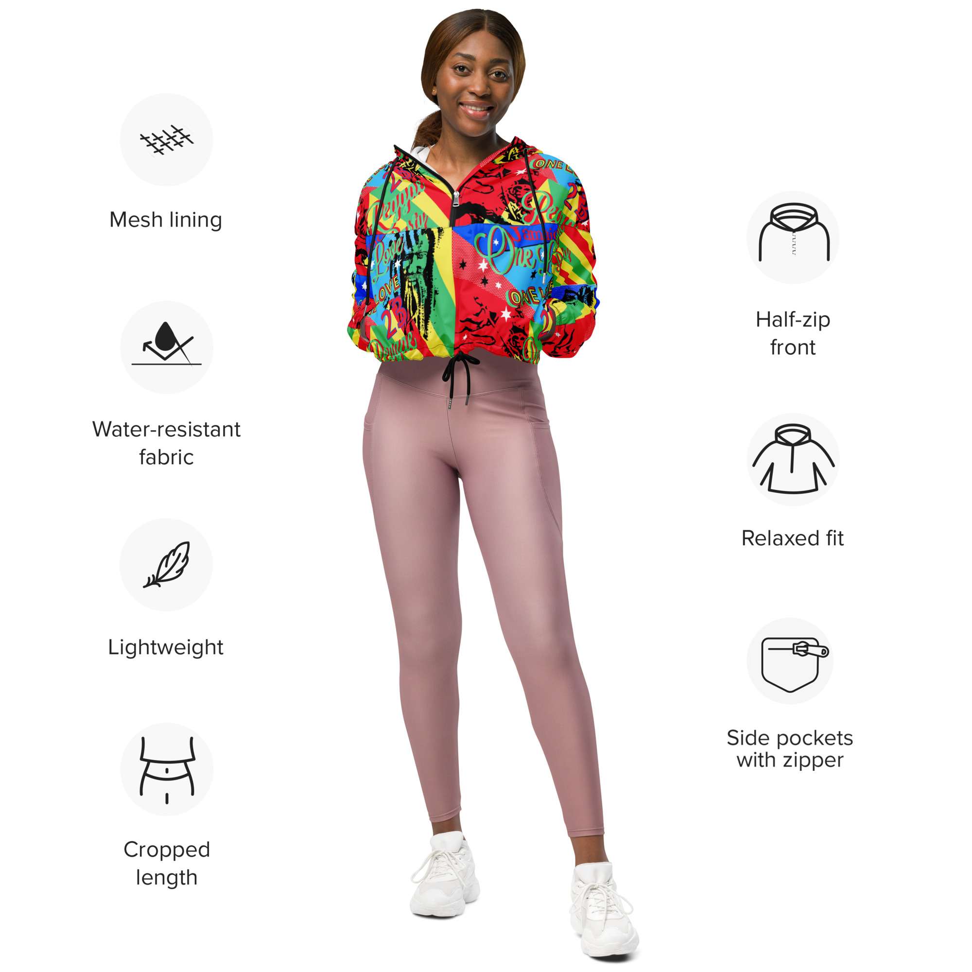 One Love Reggae Women’s cropped windbreaker details view in a vivid colourful design. Rastaseed original design on merchandise and clothing.
