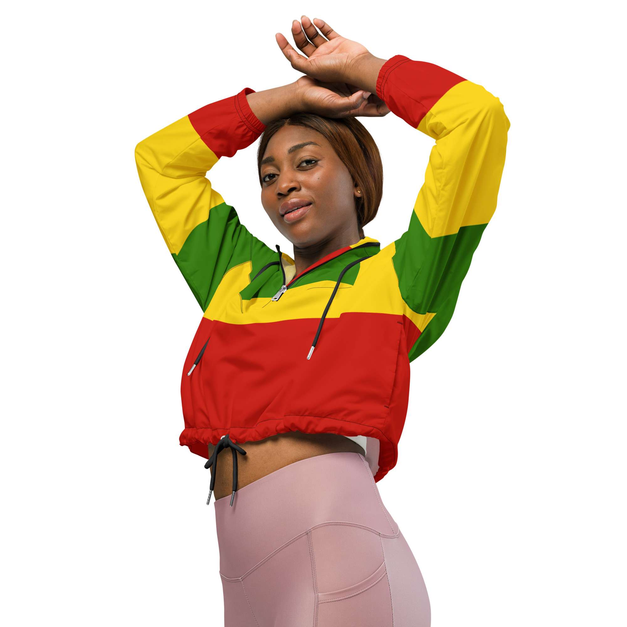 Rasta Women’s cropped windbreaker front left in red gold and green. Funky rain coat that is great for festivals. Rastaseed online merchandise.
