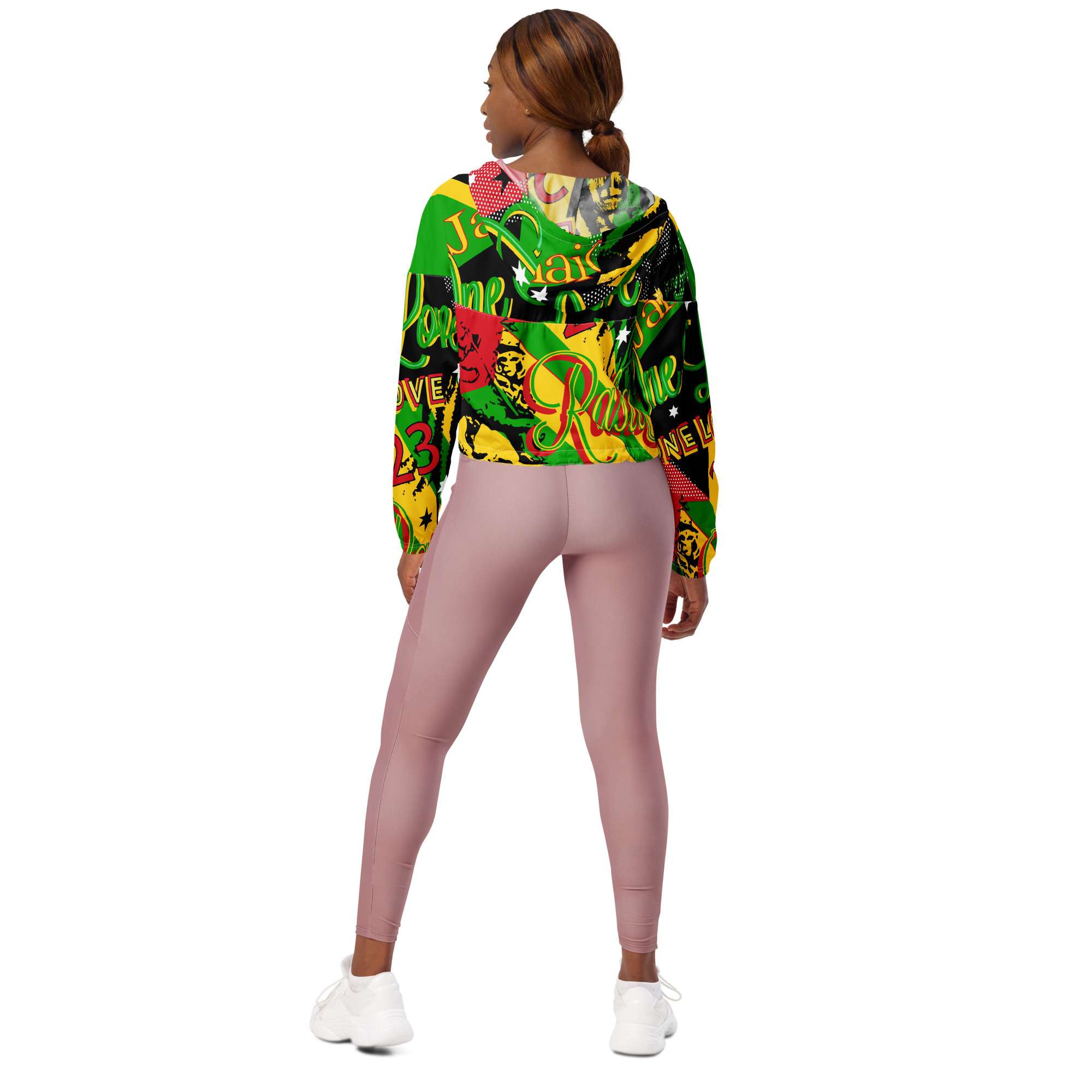 Rasta Reggae Party Women’s cropped windbreaker back view will keep you dry when the rain comes down. Rastaseed online clothing and merchandise.