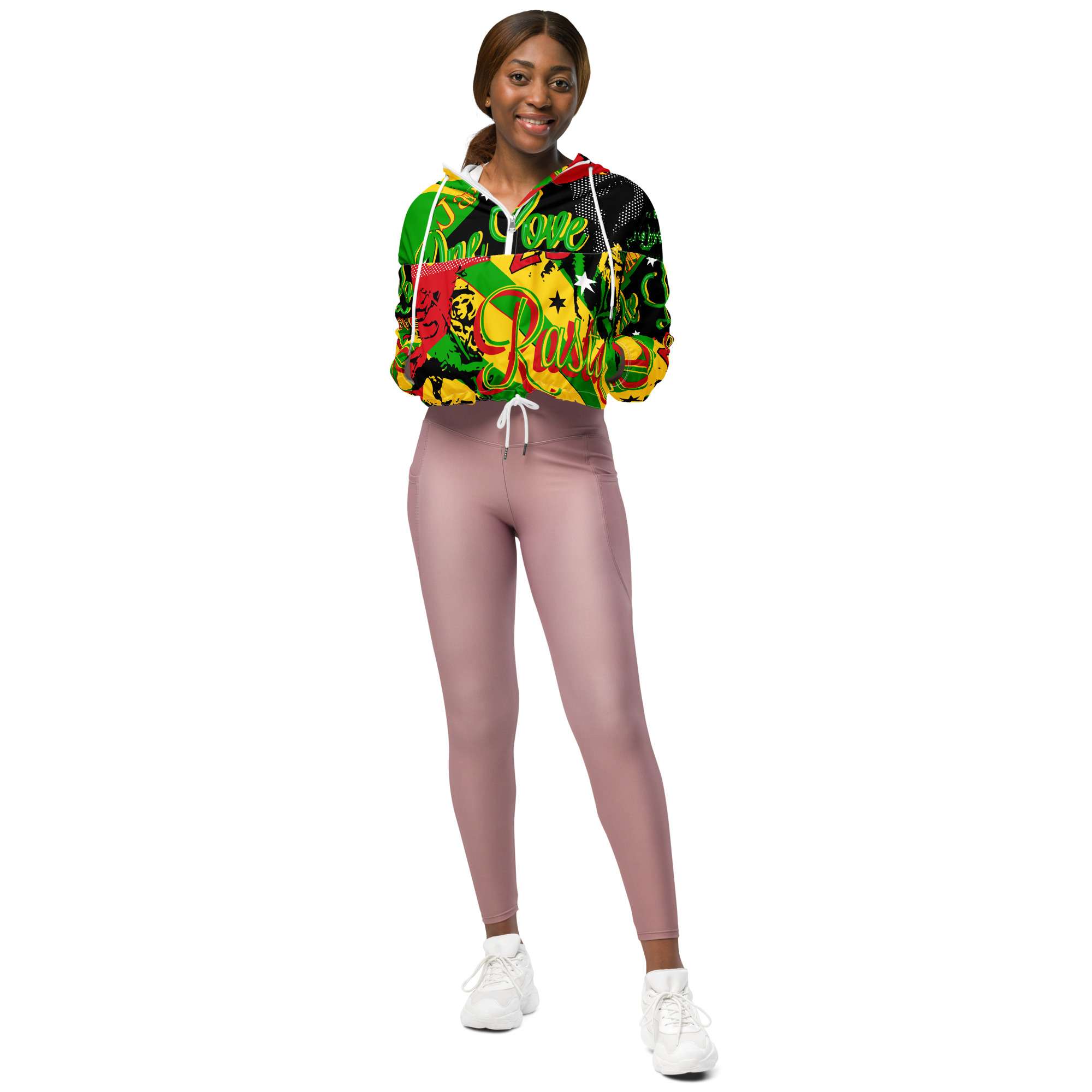 Rasta Reggae Party Women’s cropped windbreaker front view will keep you dry when the rain comes down. Rastaseed online clothing and merchandise.