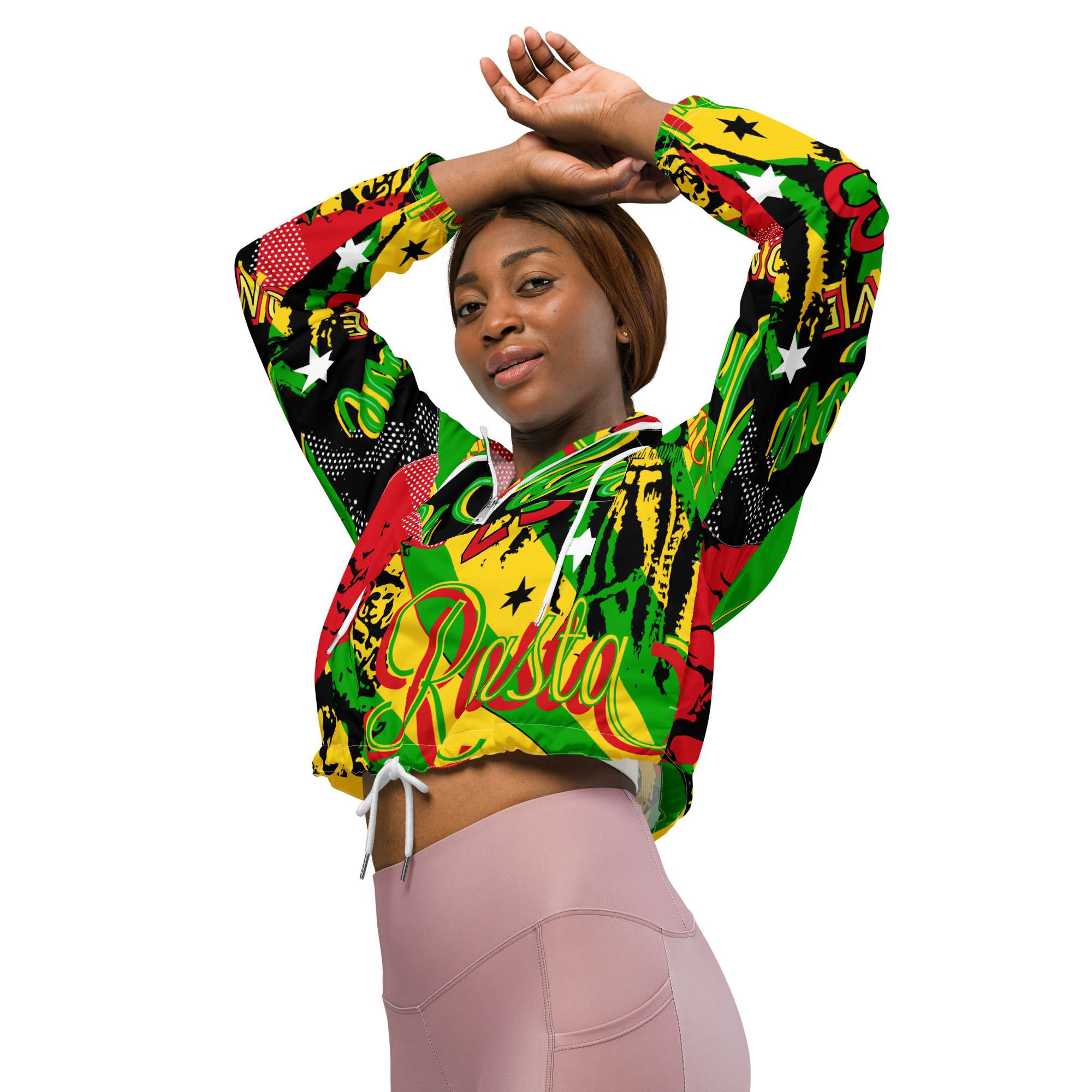 Rasta Reggae Party Women’s cropped windbreaker front left view will keep you dry when the rain comes down. Rastaseed online clothing and merchandise.