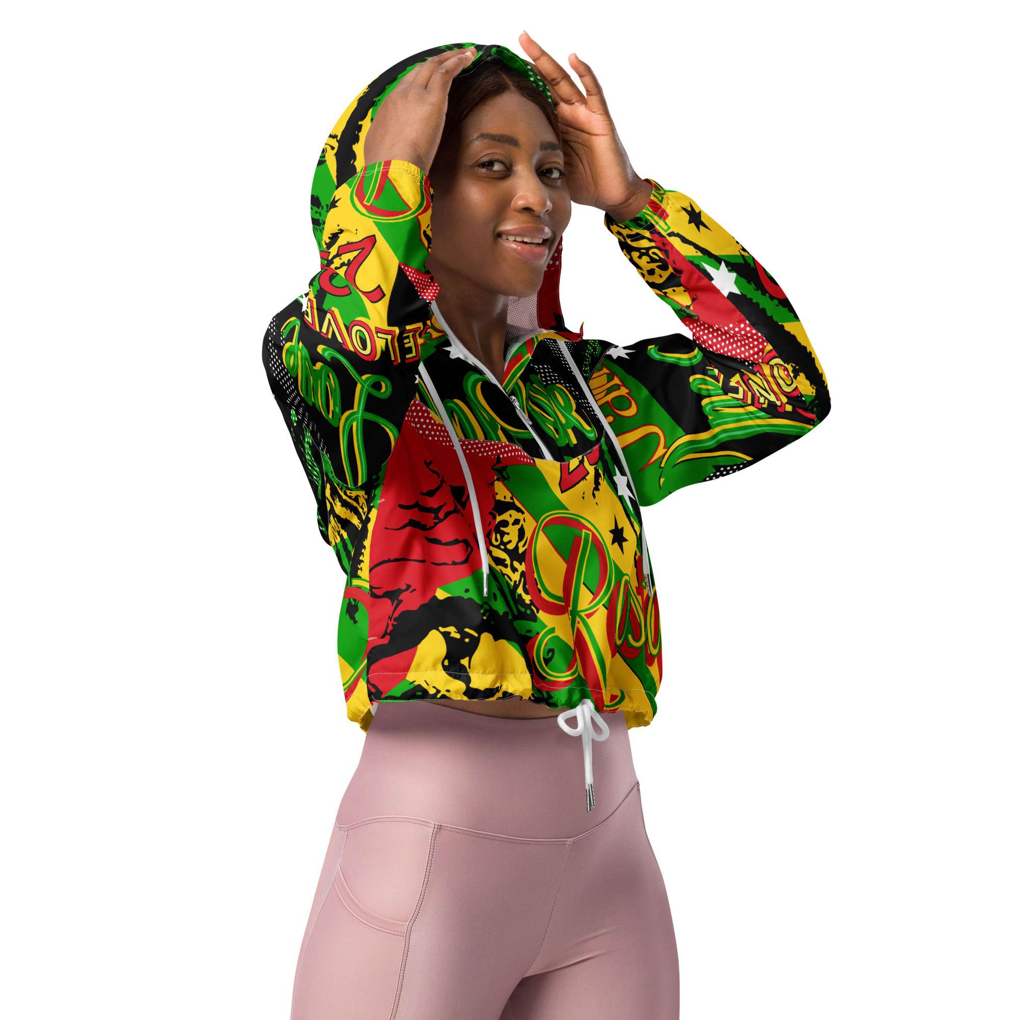 Rasta Reggae Party Women’s cropped windbreaker front right view will keep you dry when the rain comes down. Rastaseed online clothing and merchandise.