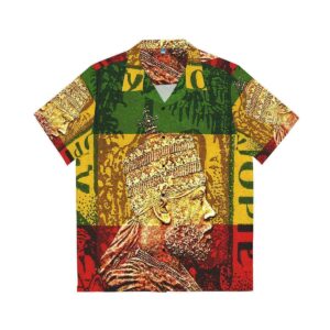 King Menelik Hawaiian shirt front view in the Hawaiian style with black buttons. Original Rasta clothing at Rastaseed.com merchandise.
