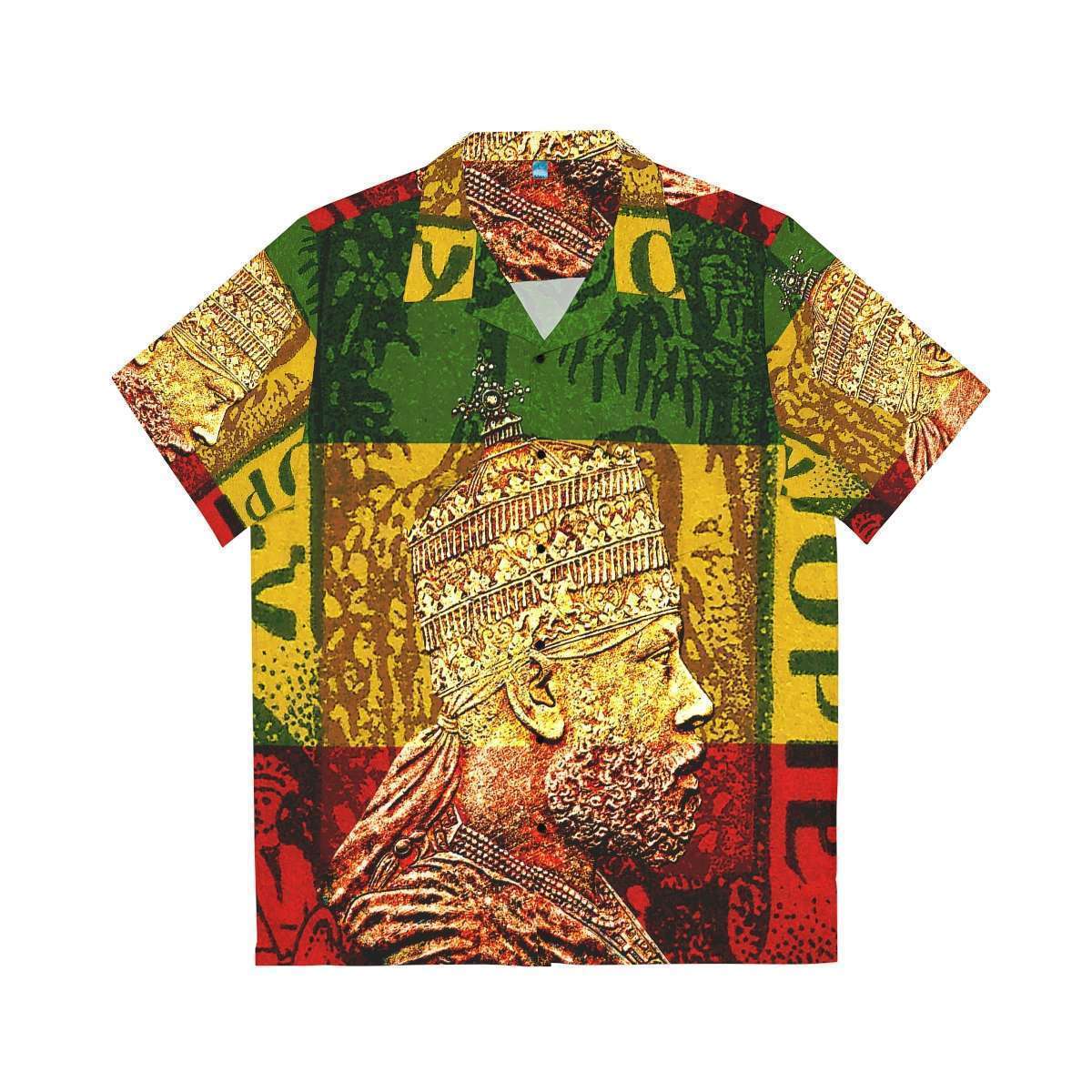 King Menelik Hawaiian shirt front view in the Hawaiian style with black buttons. Original Rasta clothing at Rastaseed.com merchandise.
