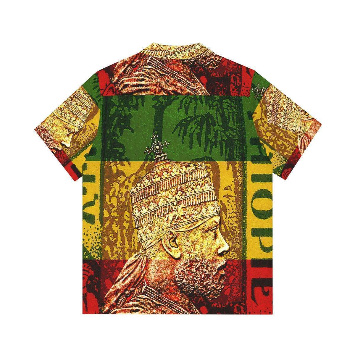 King Menelik Hawaiian shirt back view in the Hawaiian style with black buttons. Original Rasta clothing at Rastaseed.com merchandise.