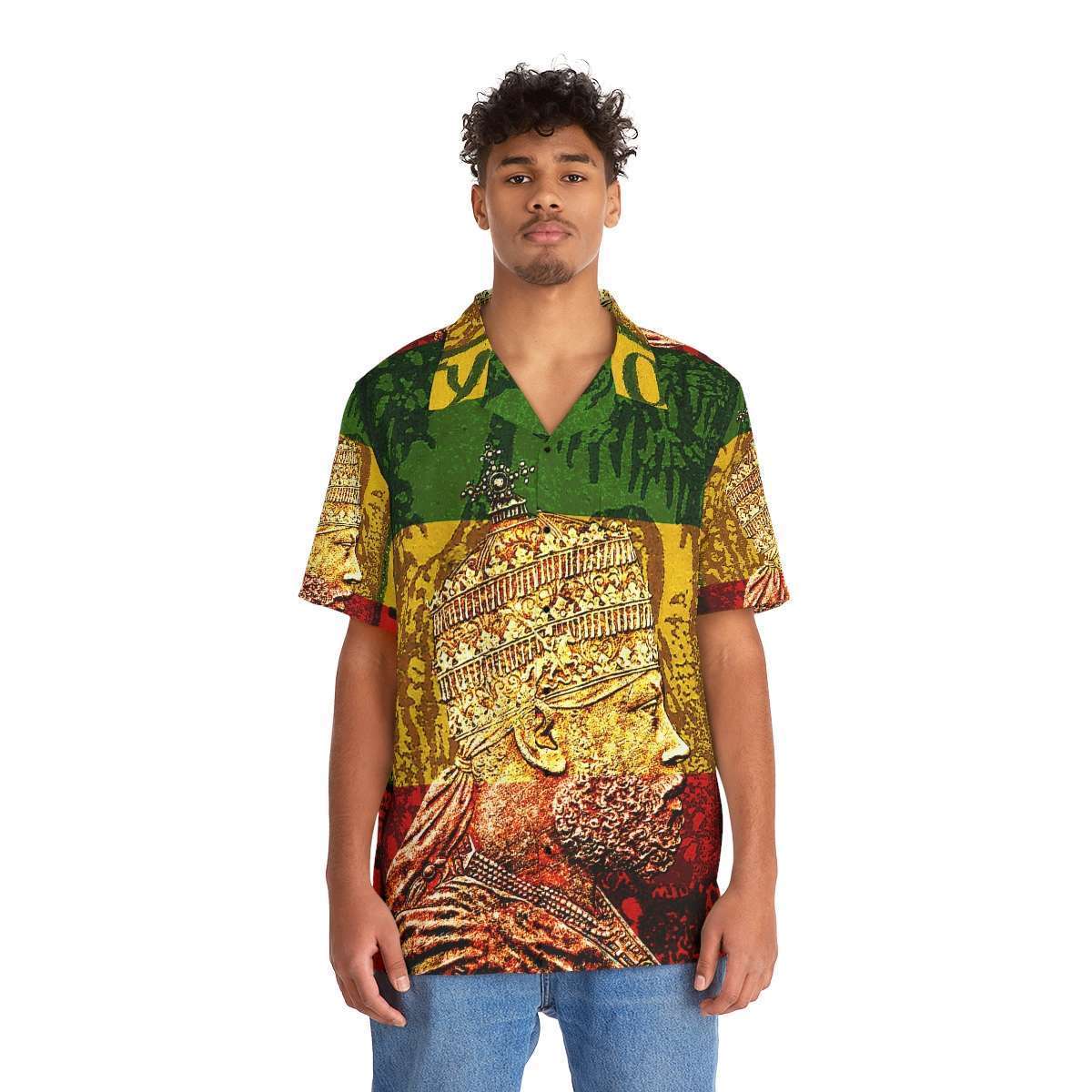 King Menelik Hawaiian shirt front view on model in the Hawaiian style with black buttons. Original Rasta clothing at Rastaseed.com merchandise.