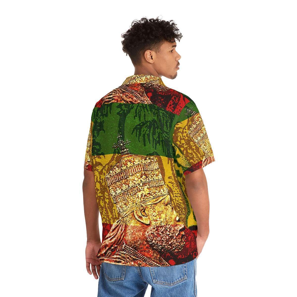 King Menelik Hawaiian shirt back view on model in the Hawaiian style with black buttons. Original Rasta clothing at Rastaseed.com merchandise.