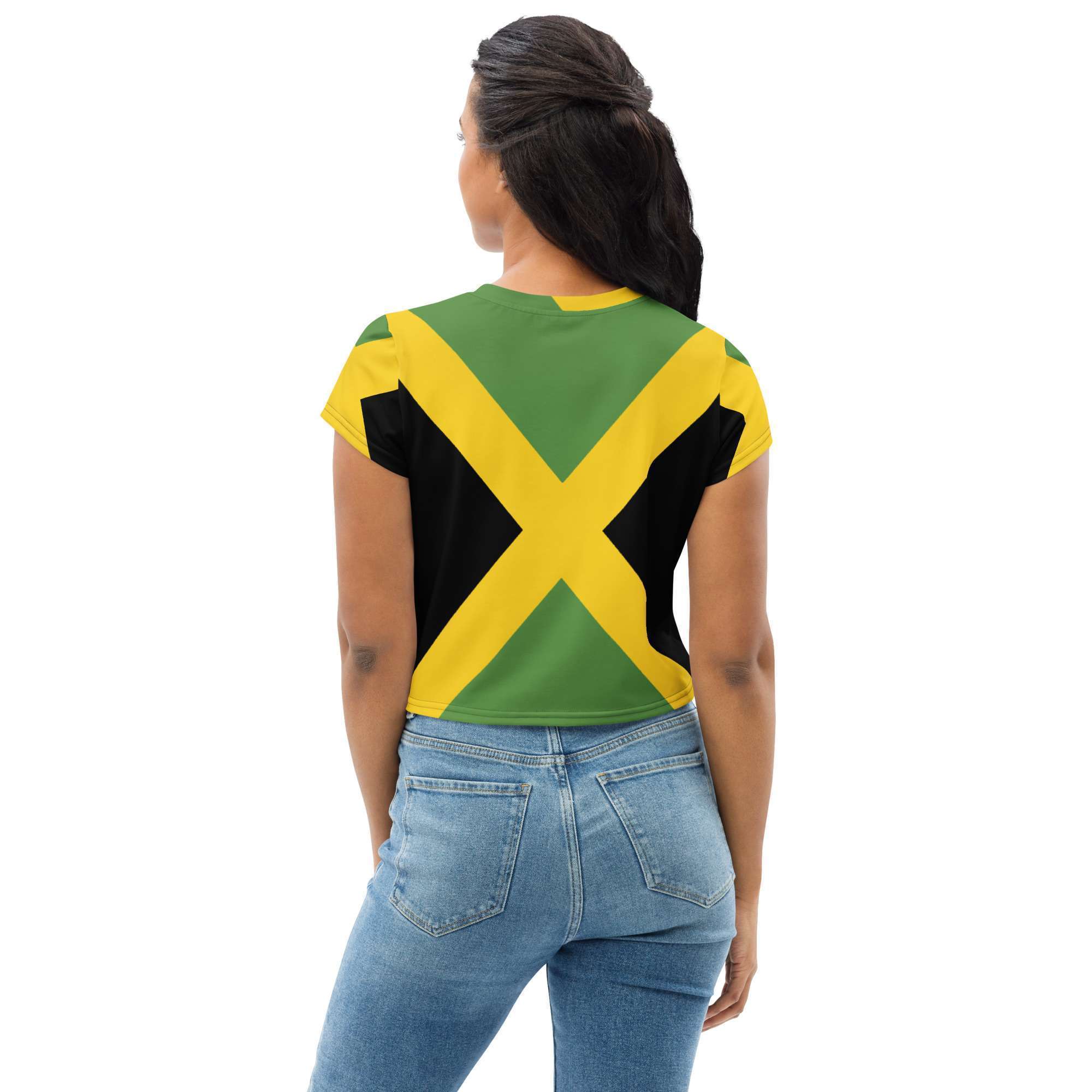 Jamaican Lion Crop Tee female model back view. Fyah Rasta top with jamaican flag design and ferocious lion. Original Rasta merchandise, clothing and shoes.