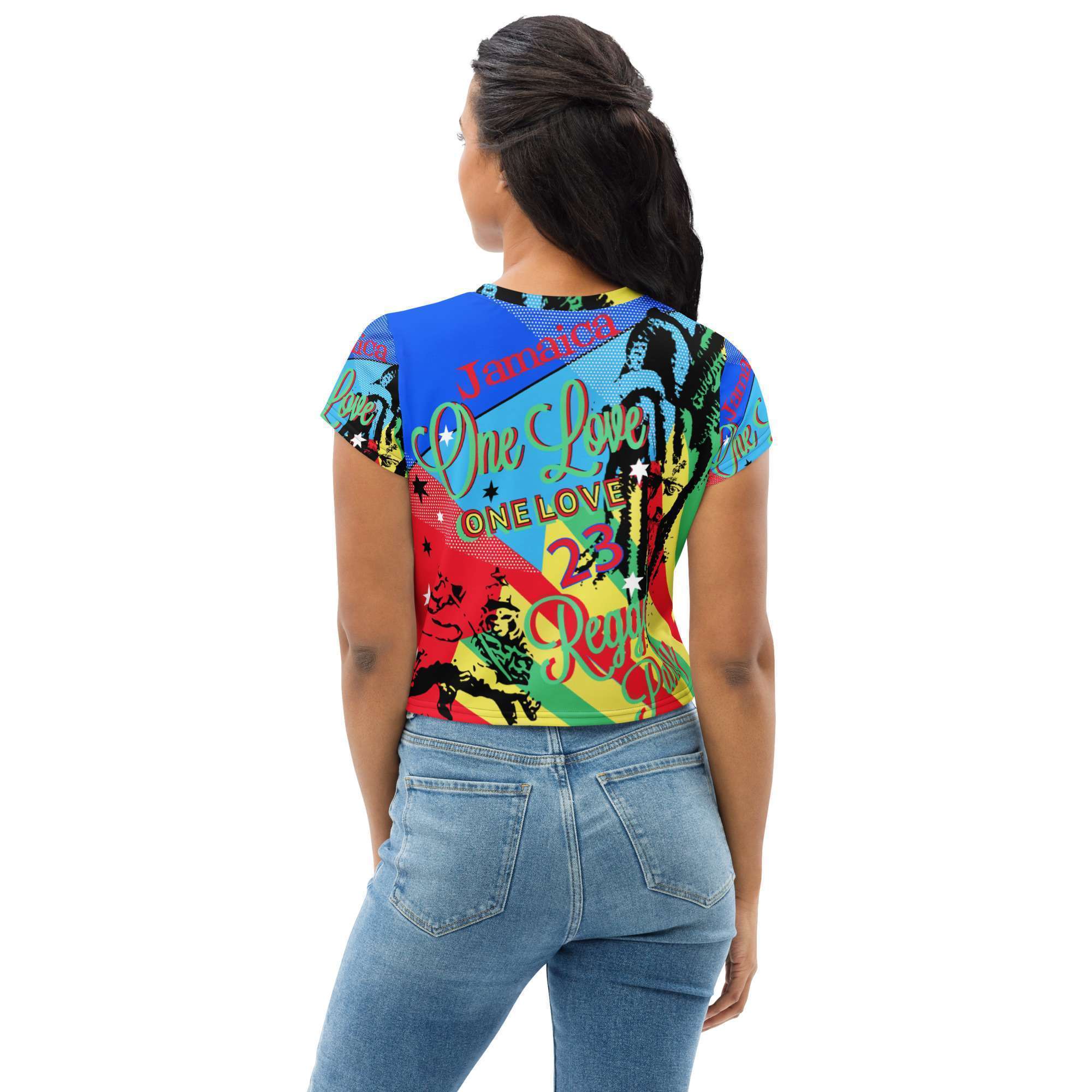 One Love Reggae Party Crop Tee back view in vivid colorful print. Original crop tees, tops, bikinis, swimsuits, skirt, shoes and dresses