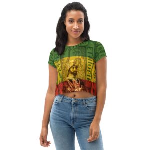Haile Selassie Crop Tee front view in red gold green design. Authentic Reggae, Rastafarian Lion of Judah and Jamaican Rasta clothing shop .