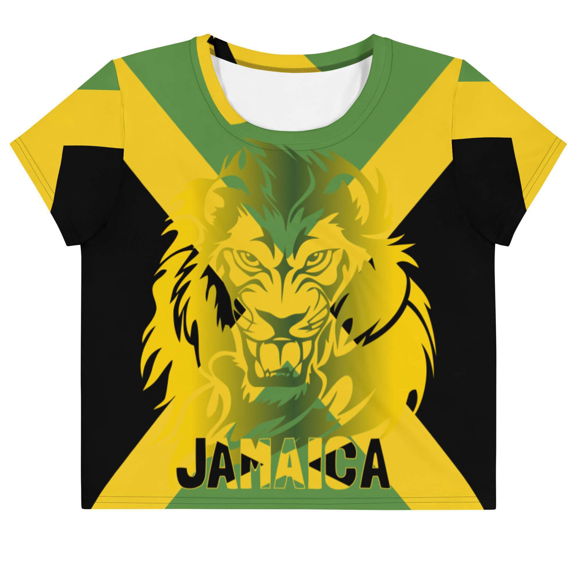 Jamaican Lion Crop Tee front view. Fyah Rasta top with jamaican flag design and ferocious lion. Original Rasta merchandise, clothing and shoes.