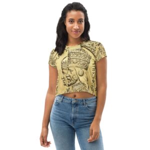 Haile Selassie Empress Menen Crop Tee female model front view. Stylish tee with authentic design at Rastaseed.com Reggae and Jamaican merchandise and clothing.