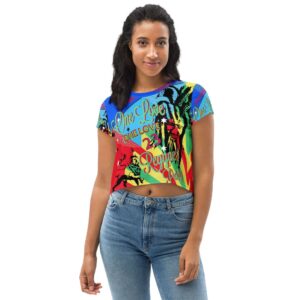 One Love Reggae Party Crop Tee in vivid colorful print. Original crop tees, tops, bikinis, swimsuits, skirt, shoes and dresses