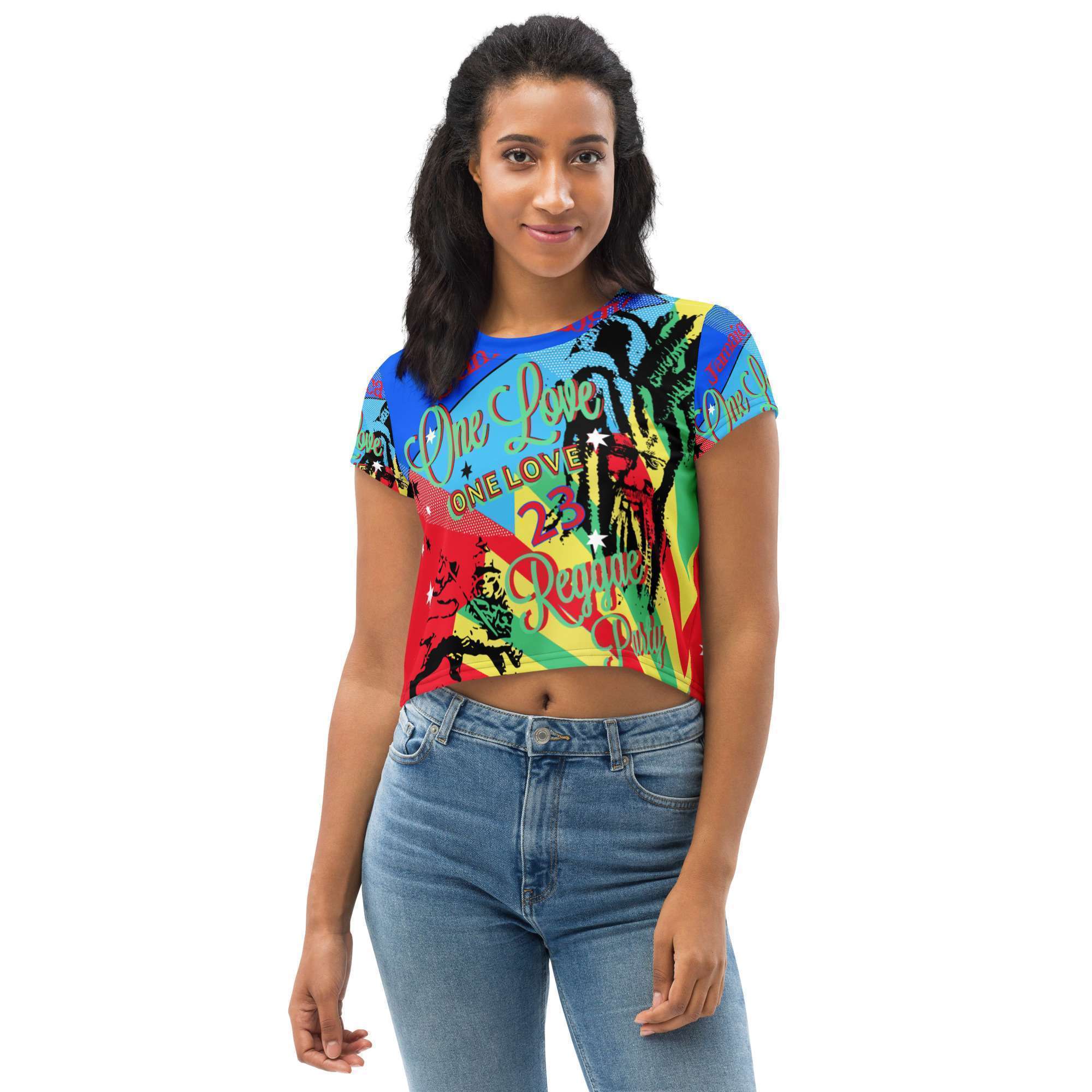 One Love Reggae Party Crop Tee in vivid colorful print. Original crop tees, tops, bikinis, swimsuits, skirt, shoes and dresses