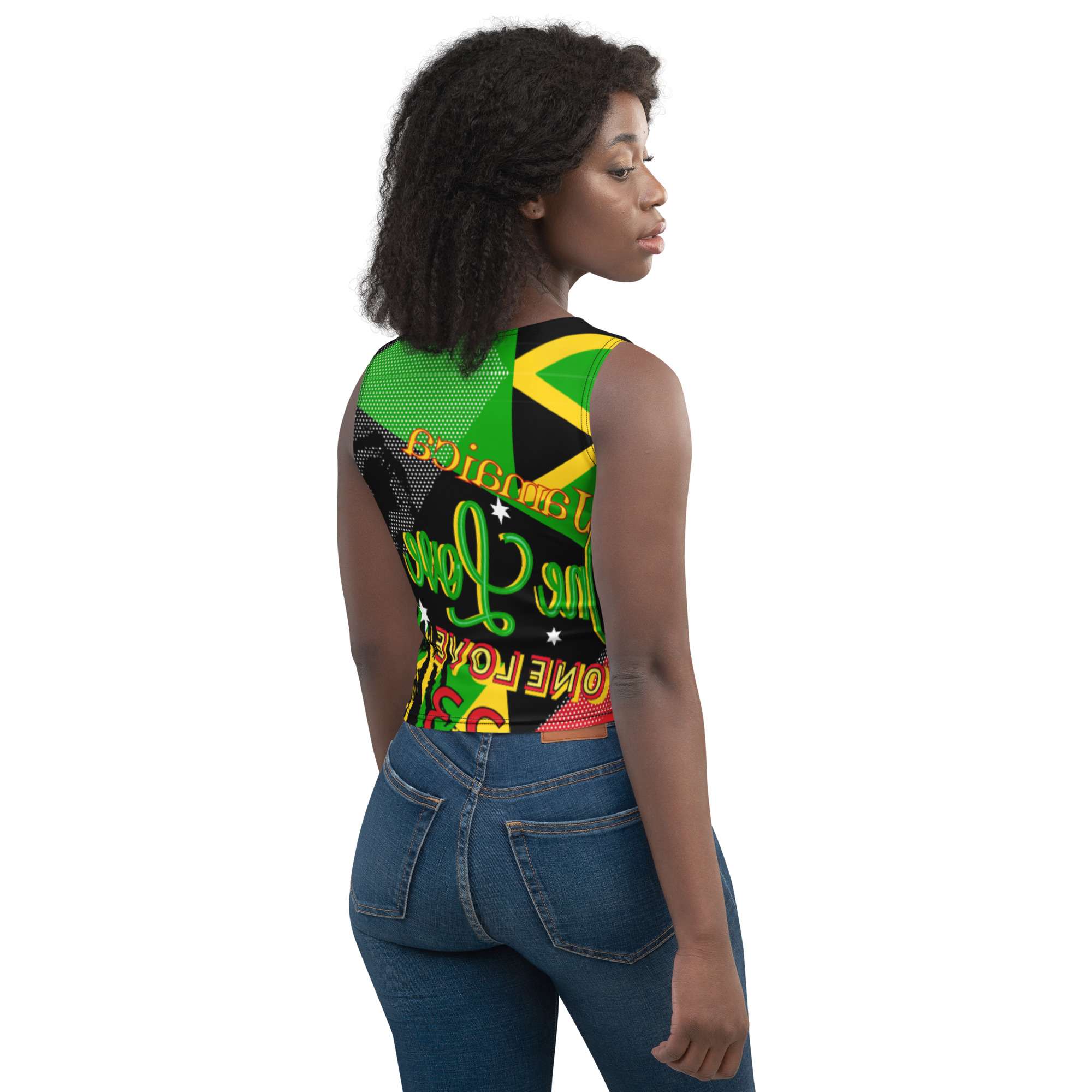 Jamaican Reggae Rasta Party Crop Top right side back view in four way stretch comfortable microfibre fabric. Vivid graphic design in Rastafarian symbols and colors.