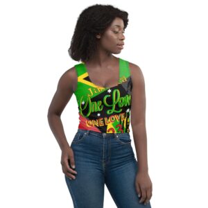 Jamaican Reggae Rasta Party Crop Top in four way stretch comfortable microfibre fabric. Vivid graphic design in Rastafarian symbols and colors.