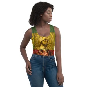 Haile Selassie Crop Top female model front view body hugging four way stretch material. Rasta Jamaican and Reggae merchandise, clothing accessories and shoes.
