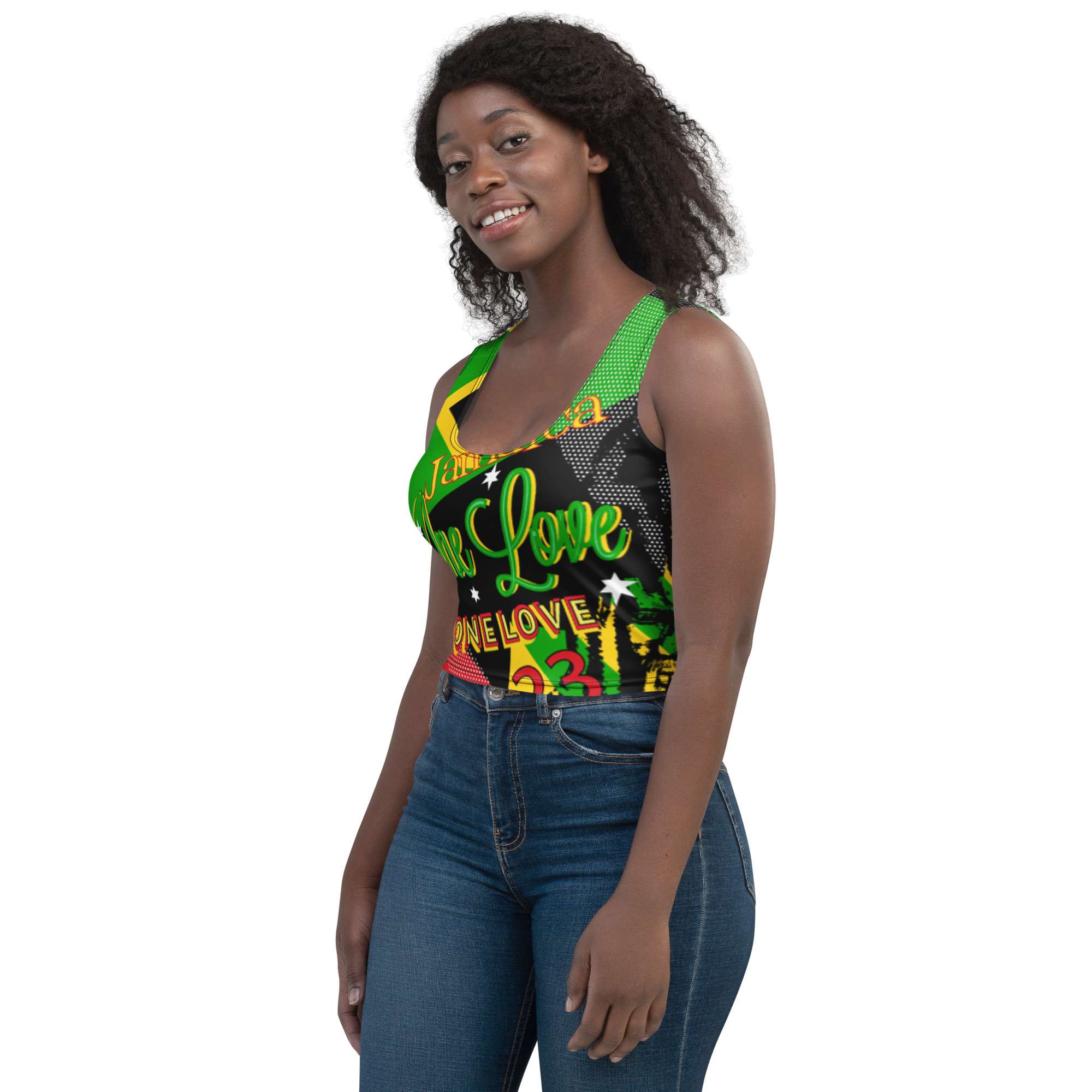 Jamaican Reggae Rasta Party Crop Top left side front view in four way stretch comfortable microfibre fabric. Vivid graphic design in Rastafarian symbols and colors.