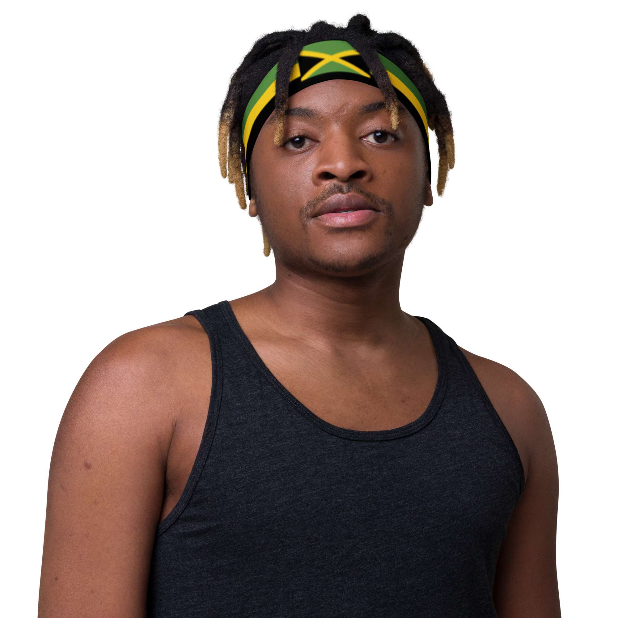 Jamaica Headband front view male in soft stretchy fabric that is comfortable to wear. Jamaica flag and colors at Rastaseed online Jamaican merchandise.