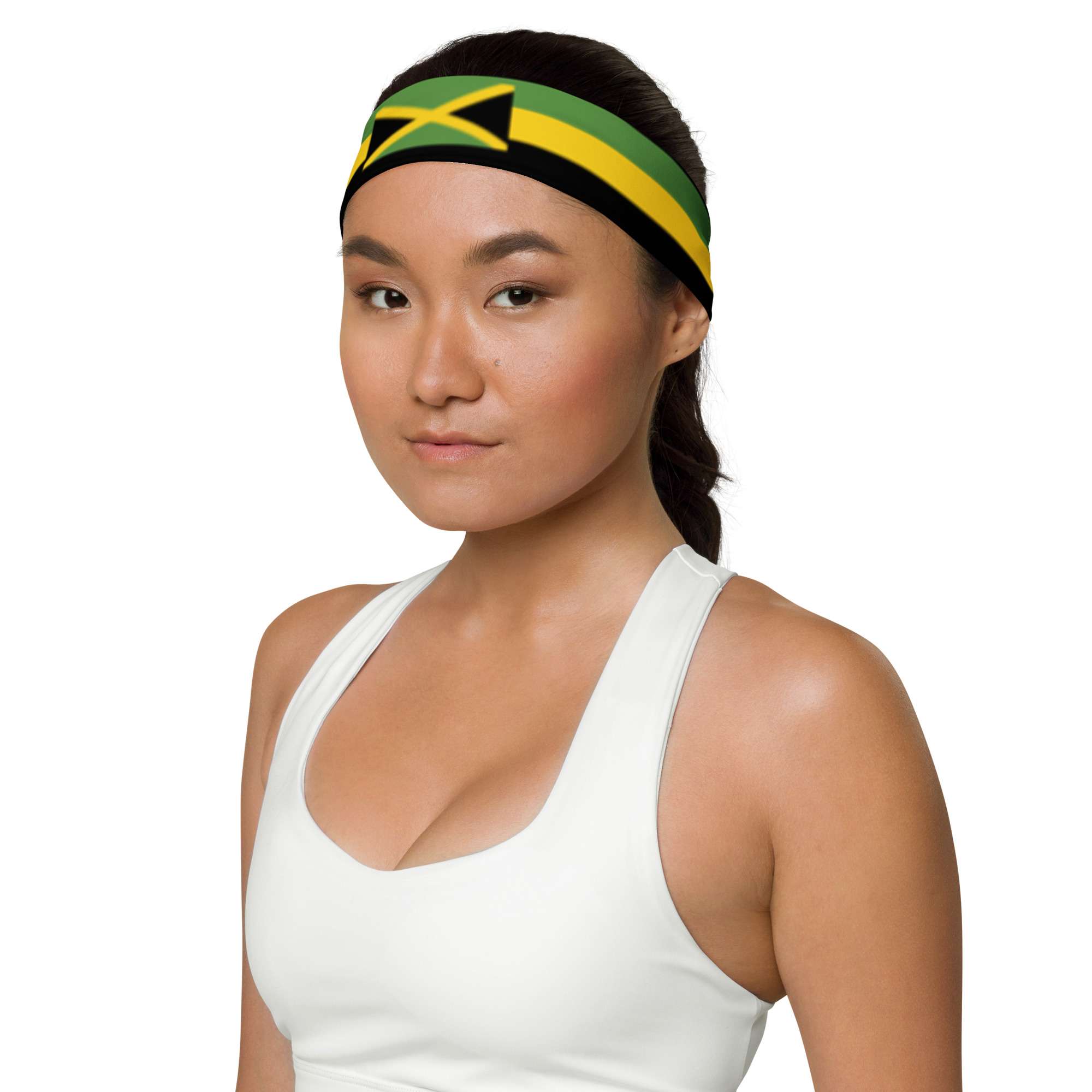 Jamaica Headband front view female in soft stretchy fabric that is comfortable to wear. Jamaica flag and colors at Rastaseed online Jamaican merchandise.