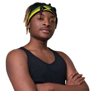 Jamaica Headband left side view male in soft stretchy fabric that is comfortable to wear. Jamaica flag and colors at Rastaseed online Jamaican merchandise.