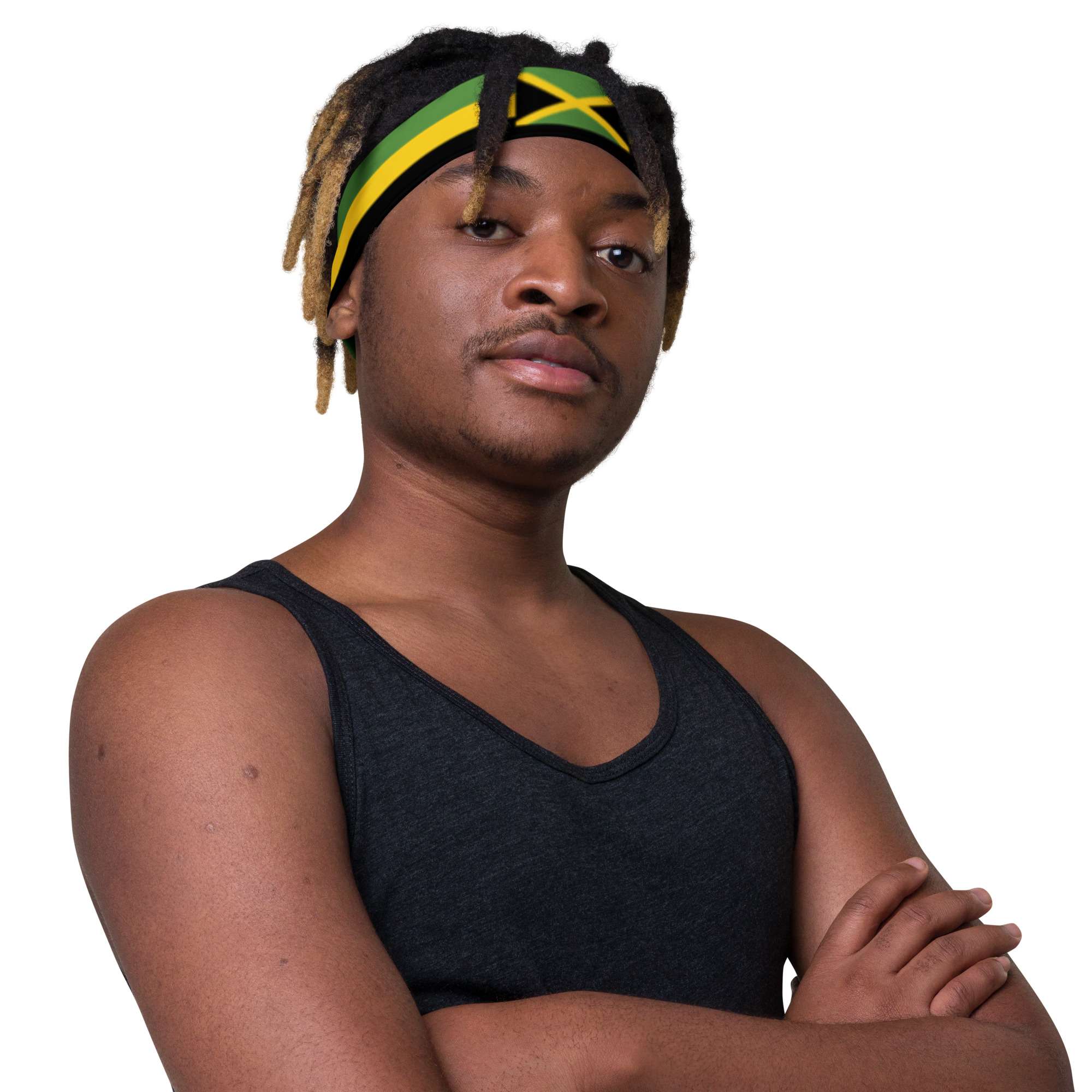 Jamaica Headband left side view male in soft stretchy fabric that is comfortable to wear. Jamaica flag and colors at Rastaseed online Jamaican merchandise.