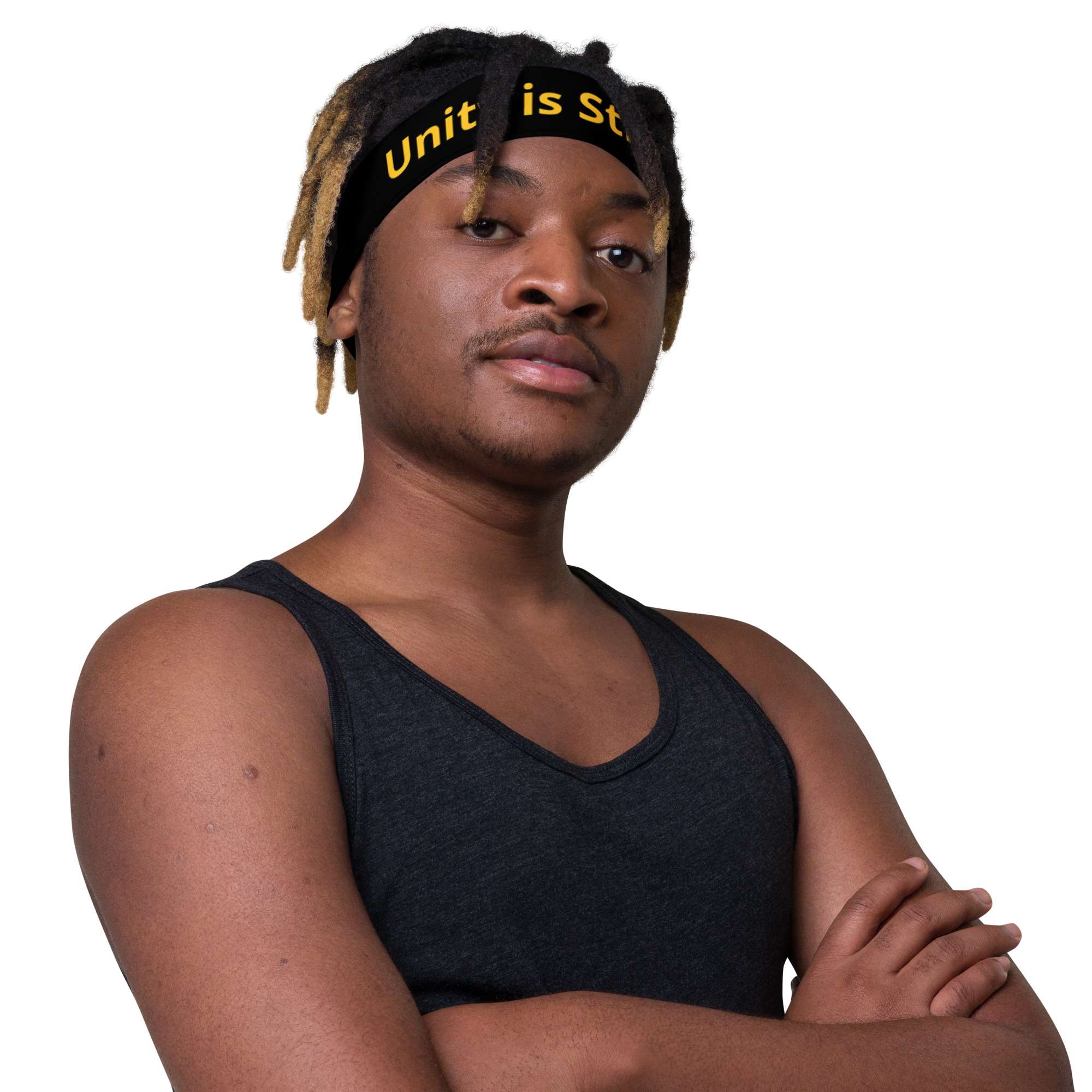 Unity is Strength Headband in black with yellow text male right front view. Stretchy and comfortable. Make a statement, available at Rastaseed clothing and accessories.