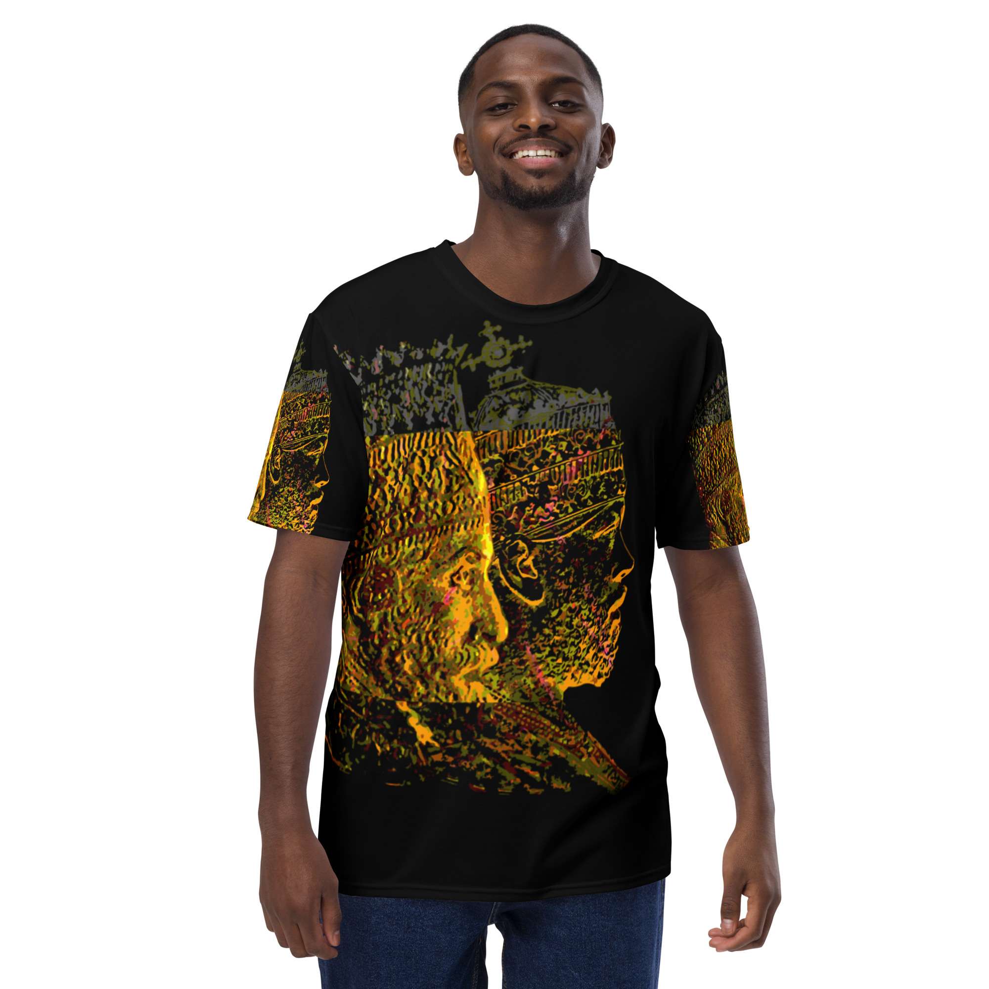 Haile Selassie Menelik Men's t-shirt front view. Two Ethiopian Emperors in mystical design from Rastaseed online Rasta clothing store.