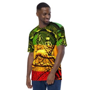 Lion of Judah Men's t-shirt in vibrant original design feature front view. Make a statement with Rasta clothing from Rastaseed online clothing store.