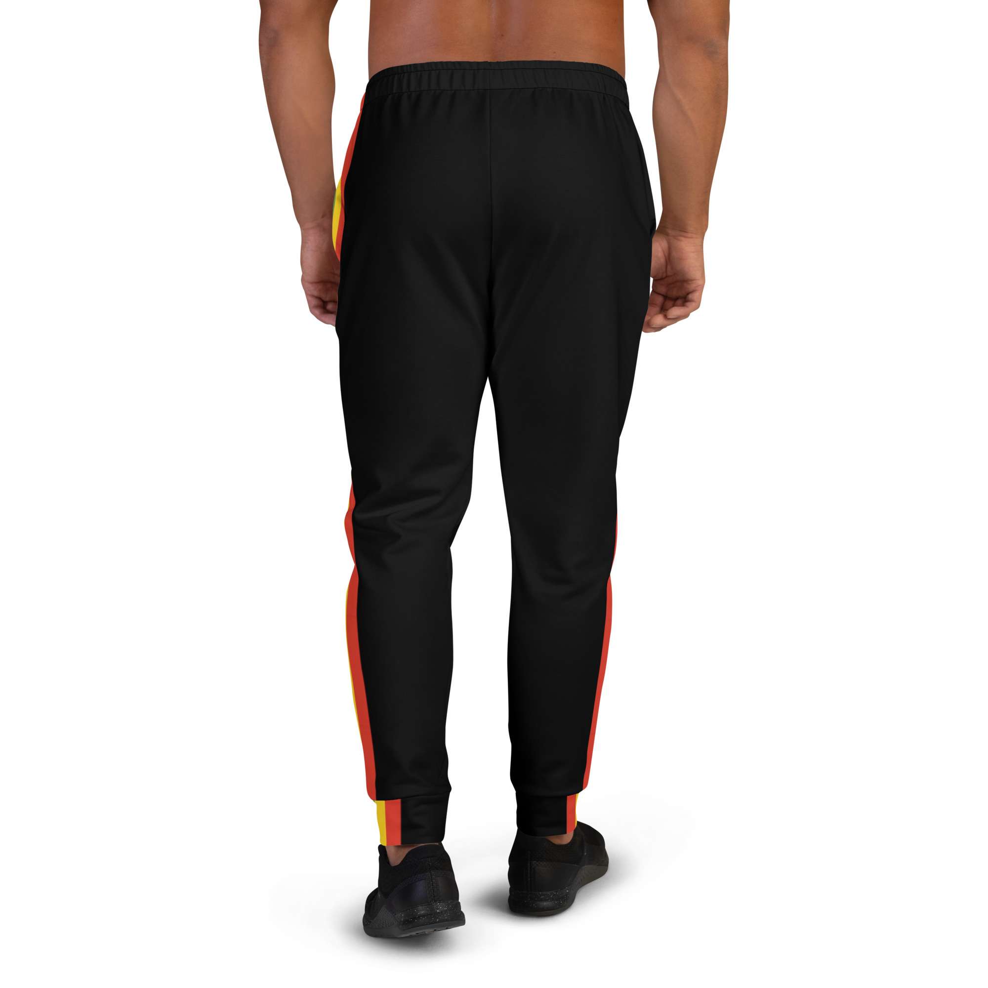 Rasta Stripe Men's Joggers back view in black with a red gold and green stripe down the outside leg. Original men's shirts, tanks, t-shirts.
