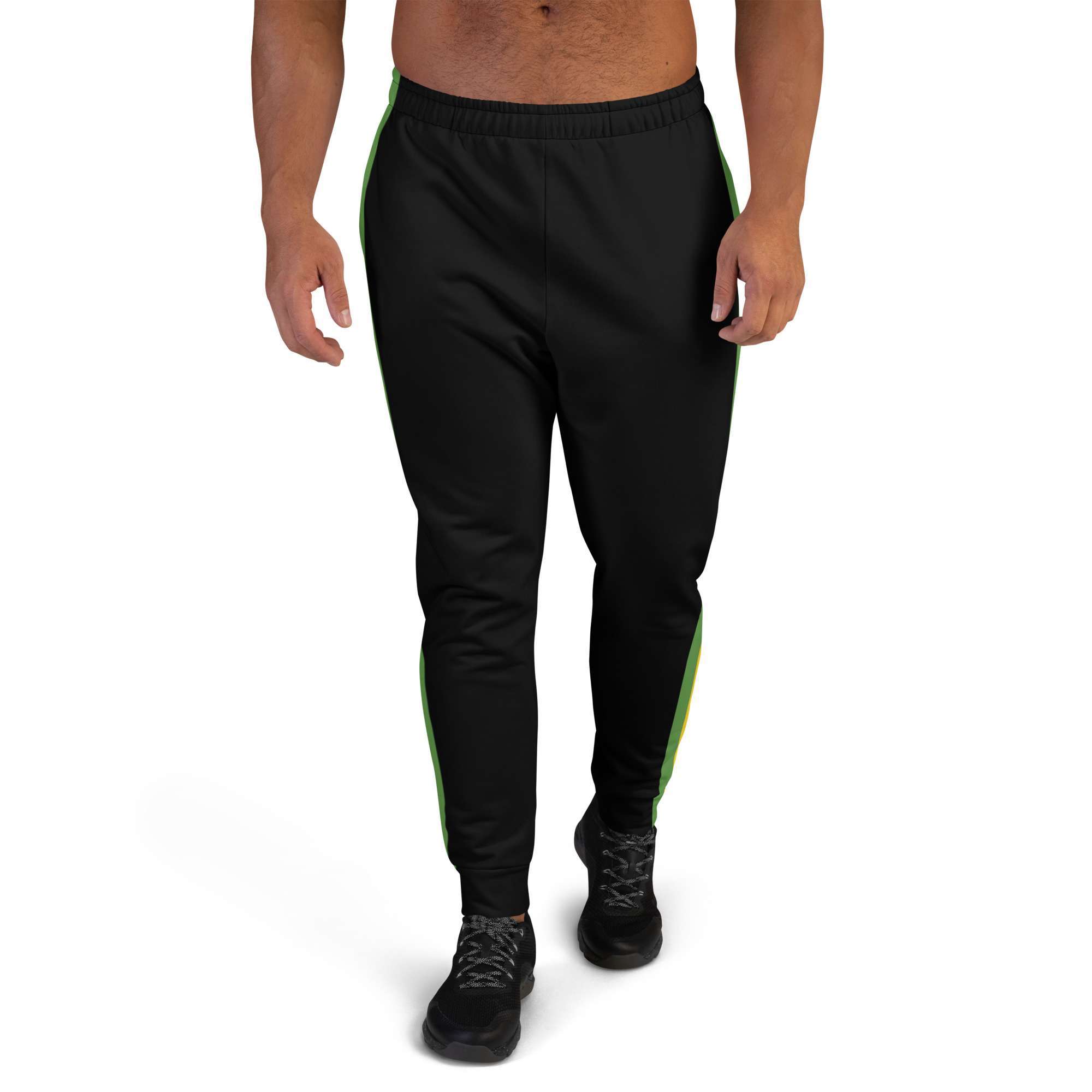 Rasta Stripe Men's Joggers front view in black with a red gold and green stripe down the outside leg. Original men's shirts, tanks, t-shirts.
